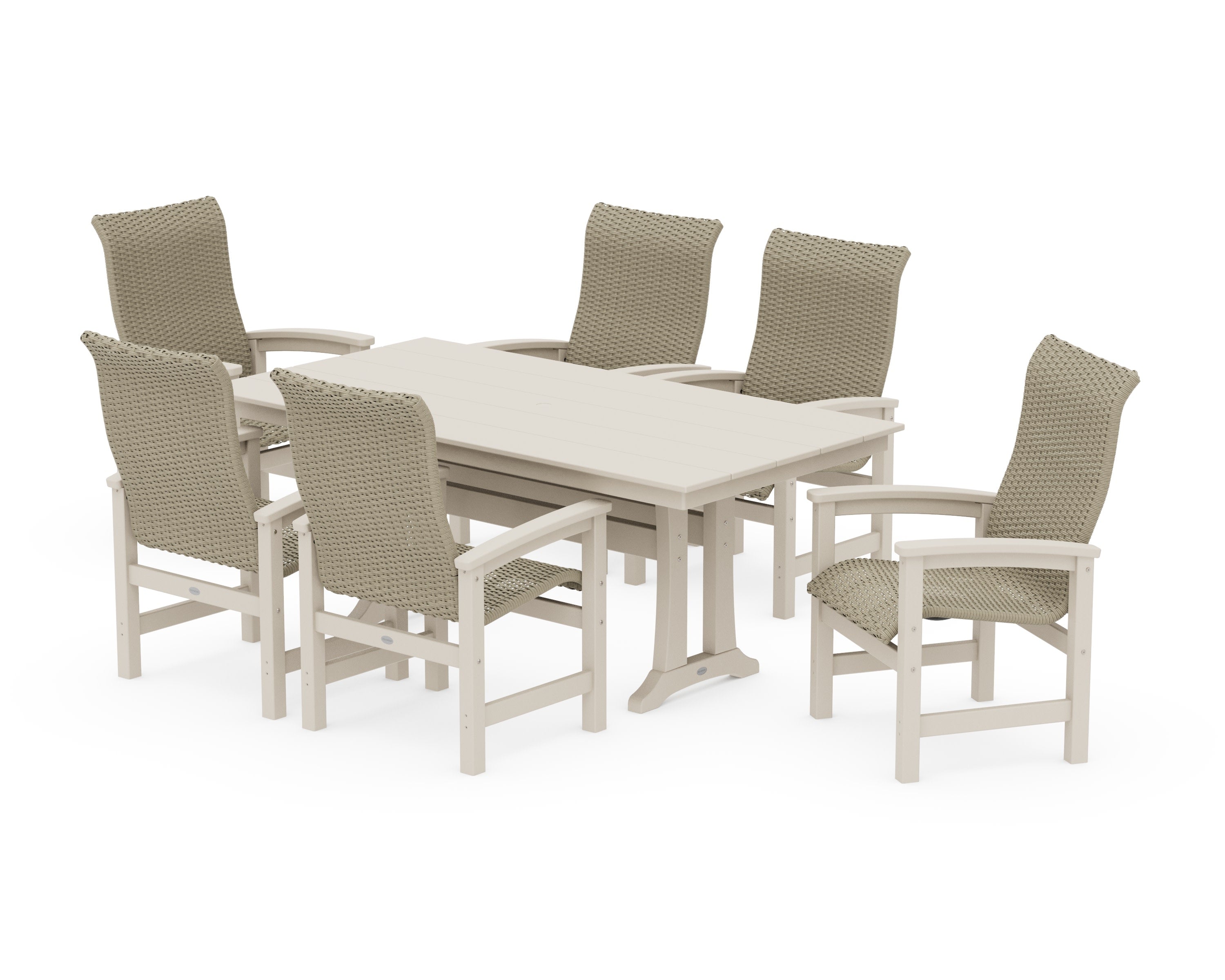Coastal Woven High-Back Arm Chair 7-Piece Farmhouse Dining Set with Trestle Legs in Sand / Dune Grass