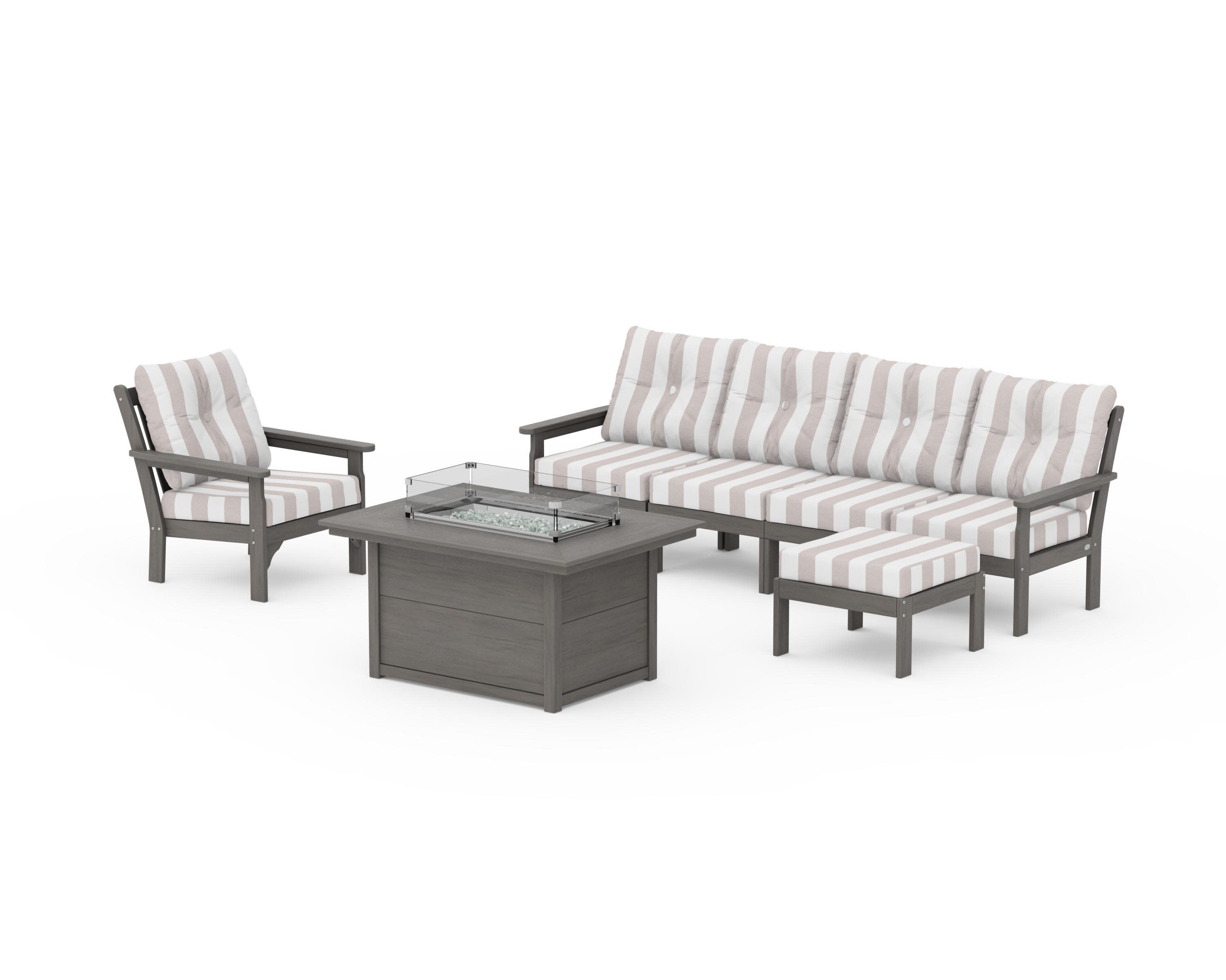 Vineyard Sectional Lounge and Fire Pit Set in Driftwood / Cabana Stripe Dune Burlap