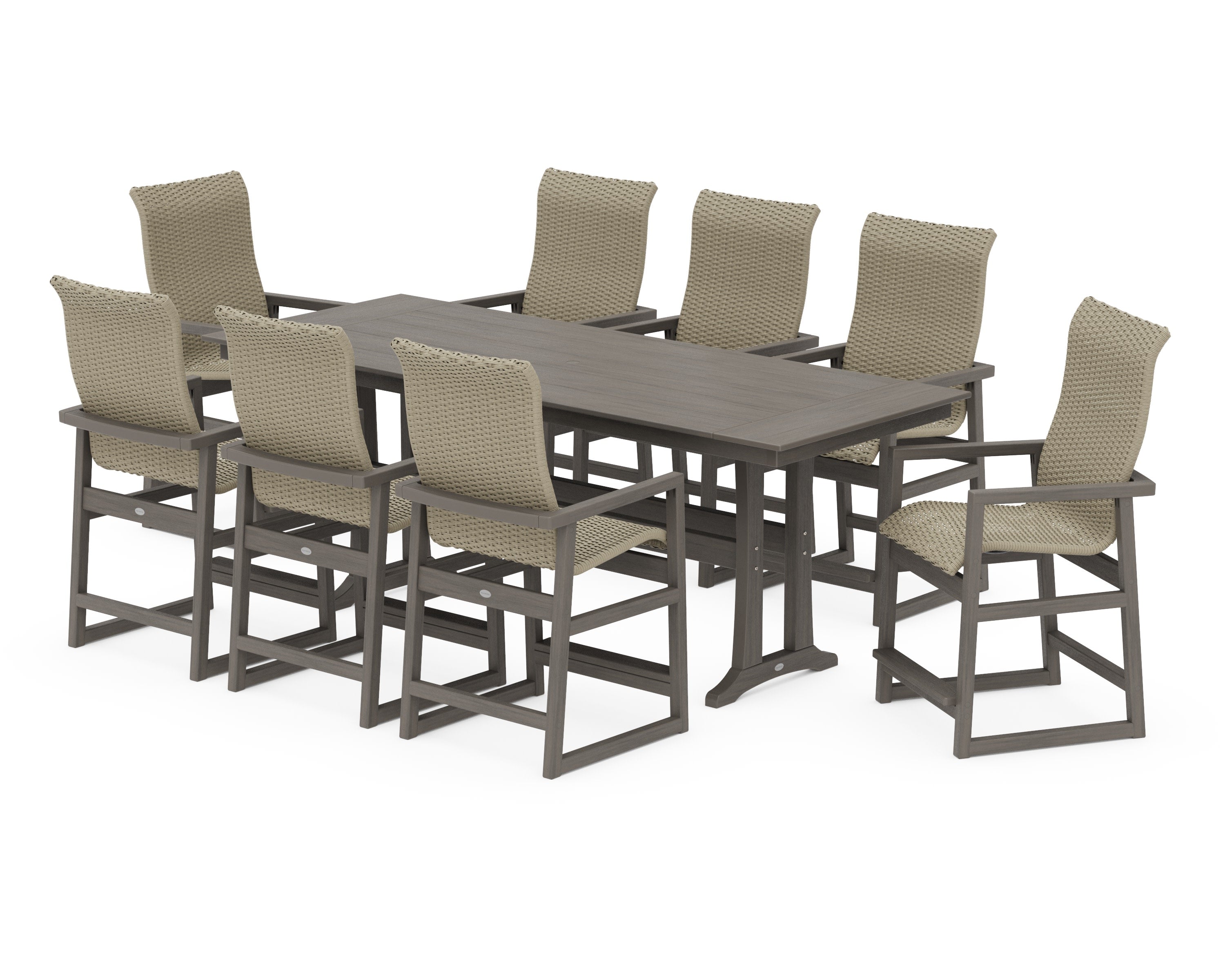 EDGE Woven Highback 9-Piece Farmhouse Counter Set with Trestle Legs in Driftwood / Dune Grass