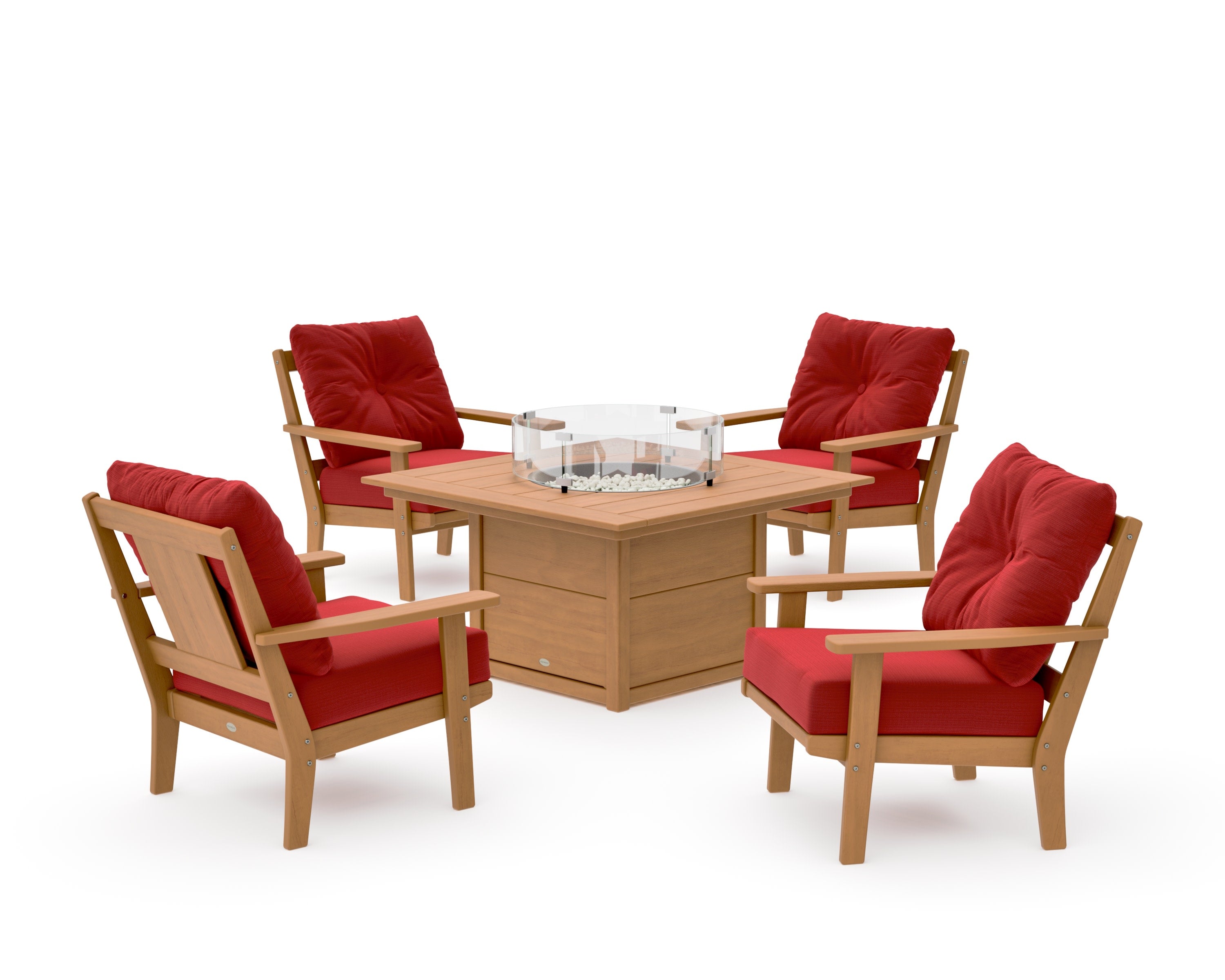 Prairie 5-Piece Deep Seating Set with Fire Pit Table in Natural / Crimson Linen