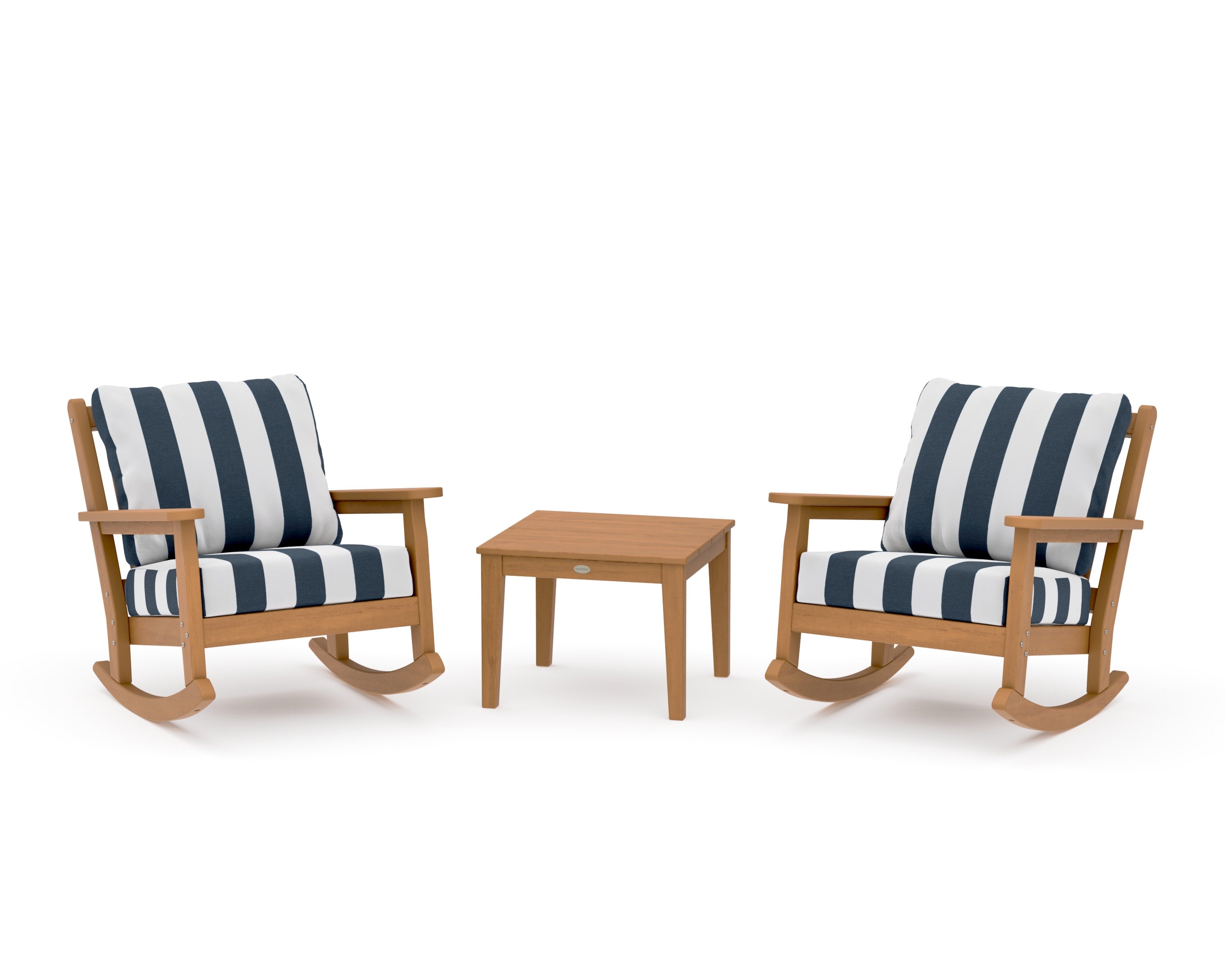 Chippendale 3-Piece Deep Seating Rocker Set in Natural / Cabana Stripe Marine Indigo
