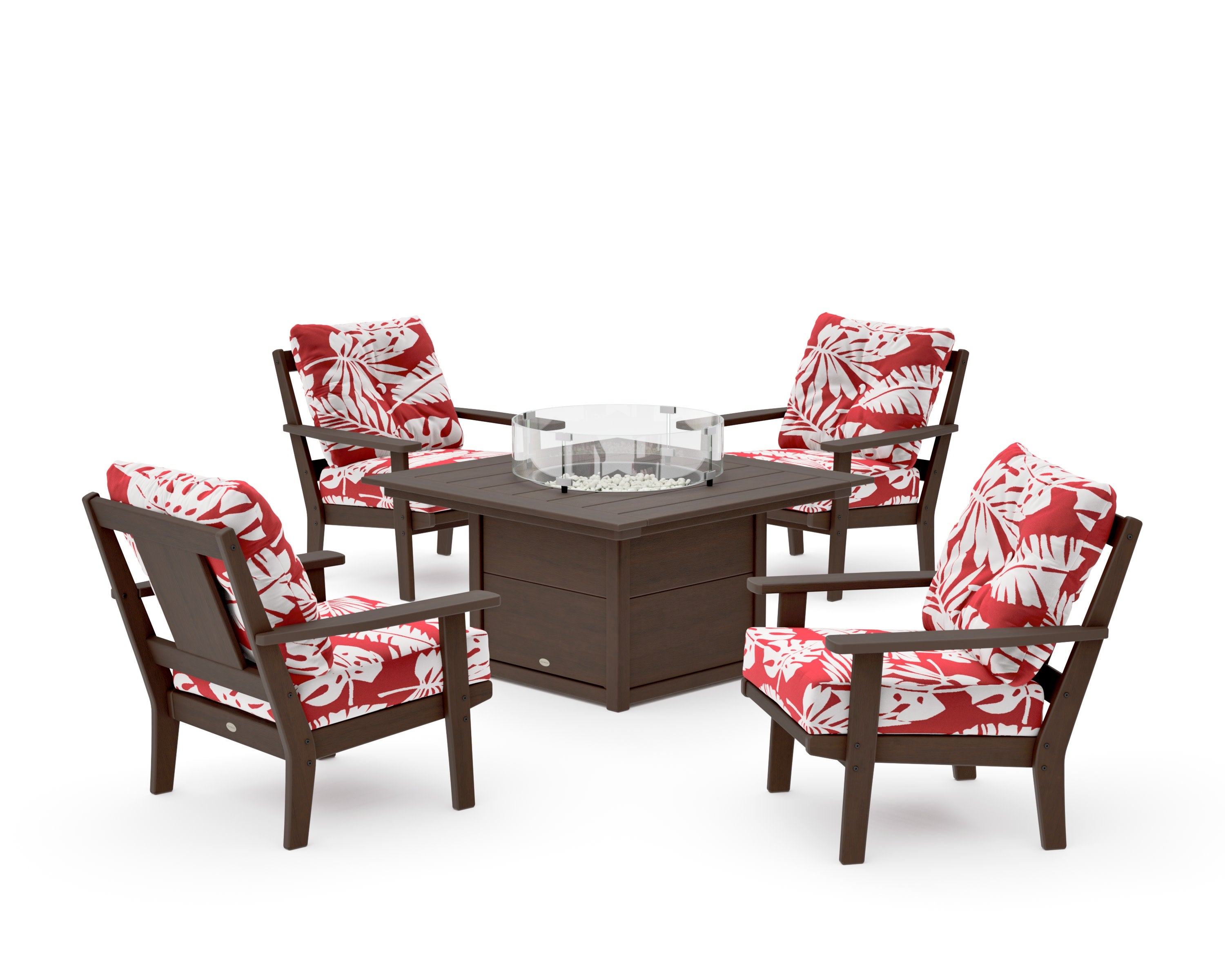 Prairie 5-Piece Deep Seating Set with Fire Pit Table in Kona / Leaf Crimson