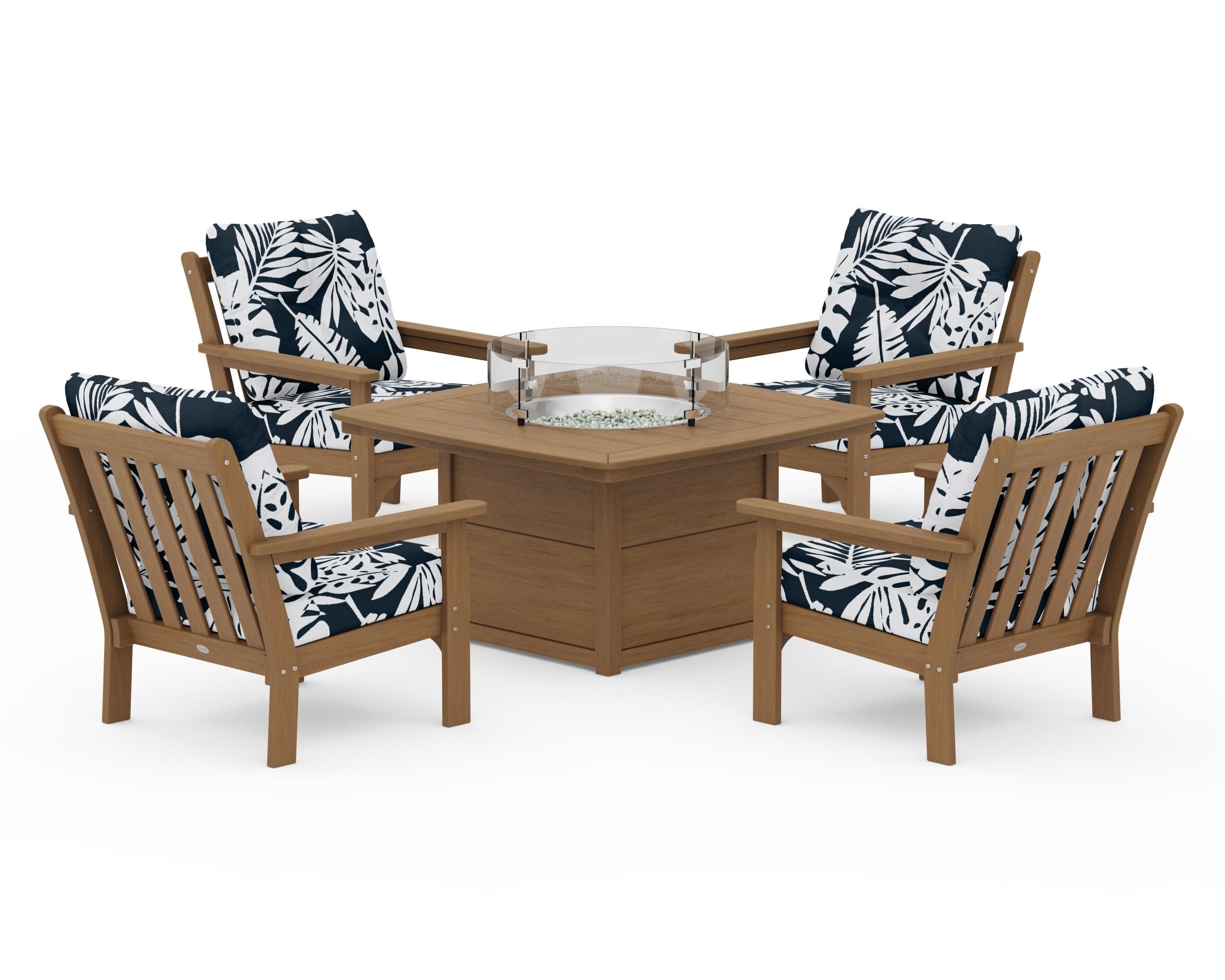 Vineyard 5-Piece Conversation Set with Fire Pit Table in Natural / Leaf Marine Indigo