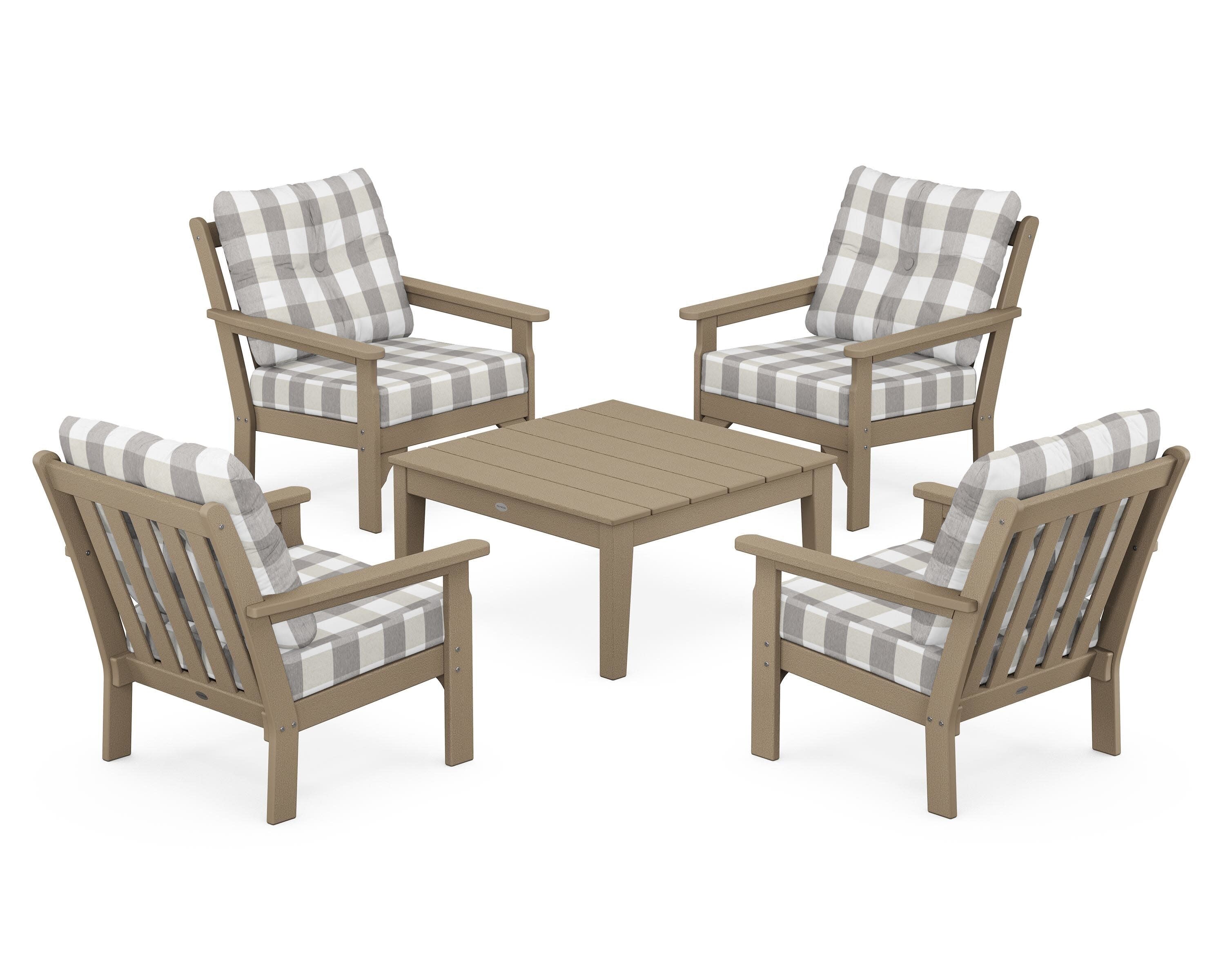 Vineyard 5-Piece Deep Seating Conversation Set in Vintage Sahara / Buffalo Plaid Grey Mist