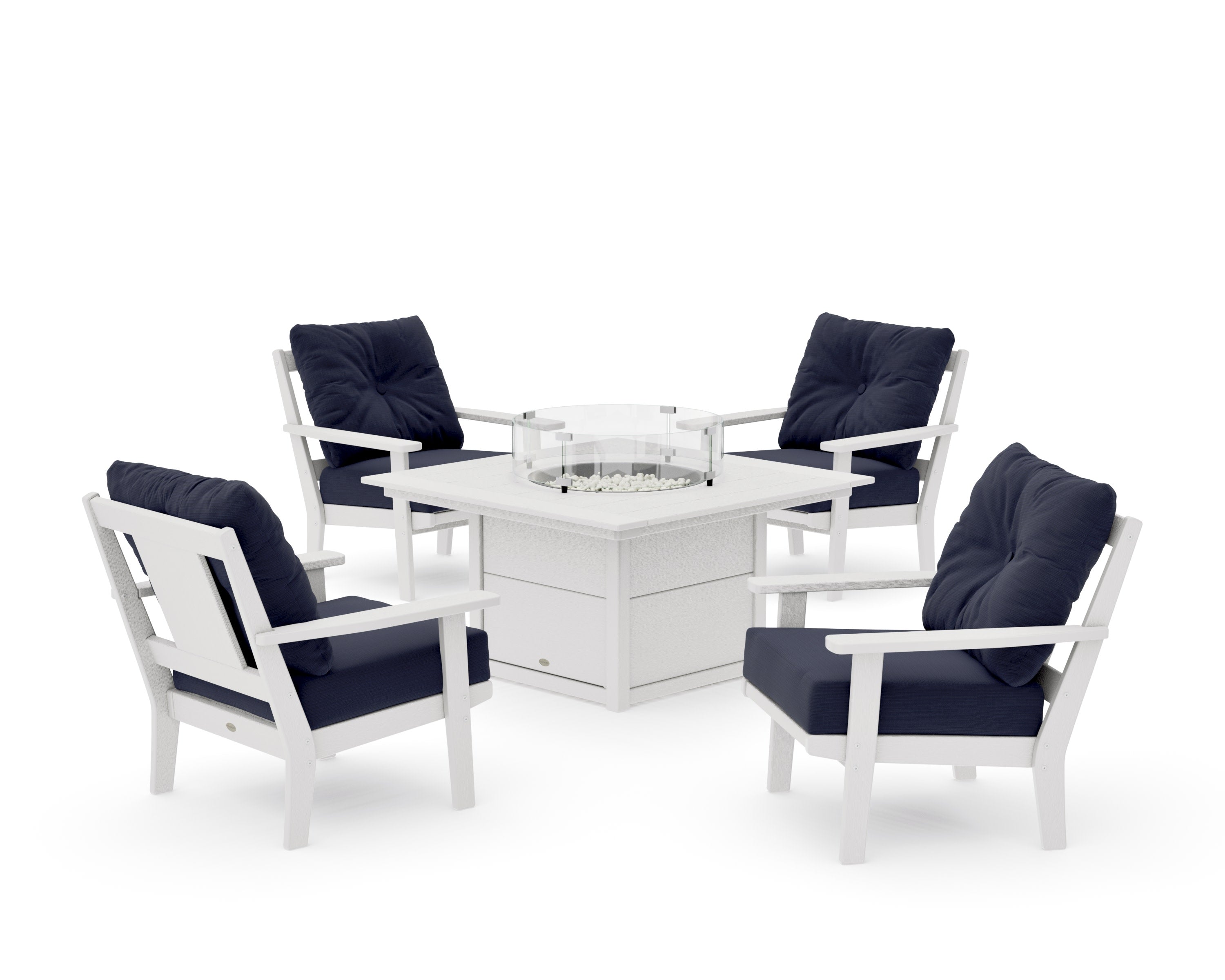 Prairie 5-Piece Deep Seating Set with Fire Pit Table in Vintage White / Navy Linen