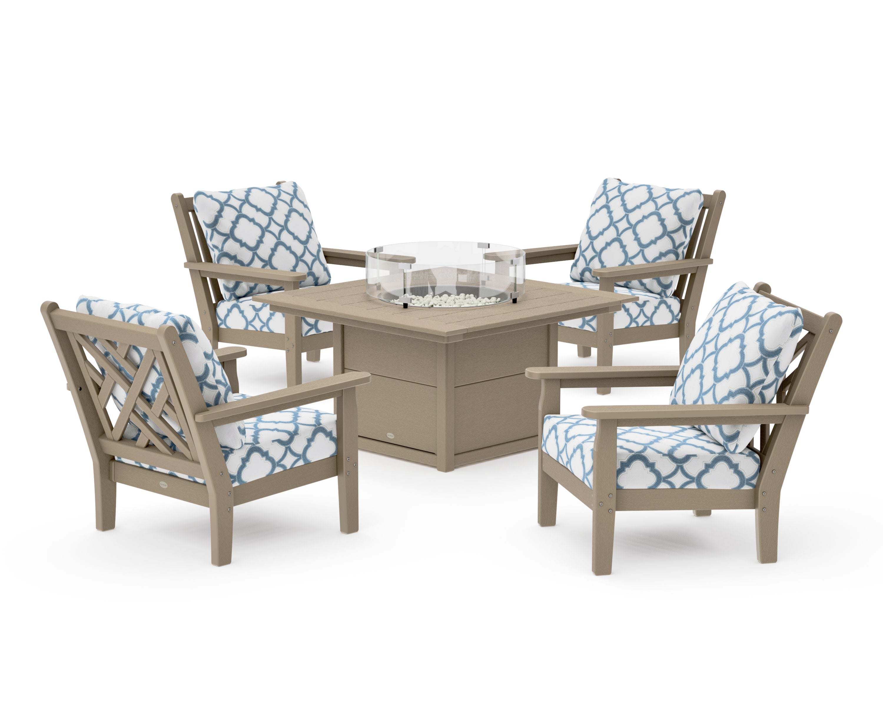 Chippendale 5-Piece Deep Seating Set with Fire Pit Table in Vintage Sahara / Trellis Sky Blue