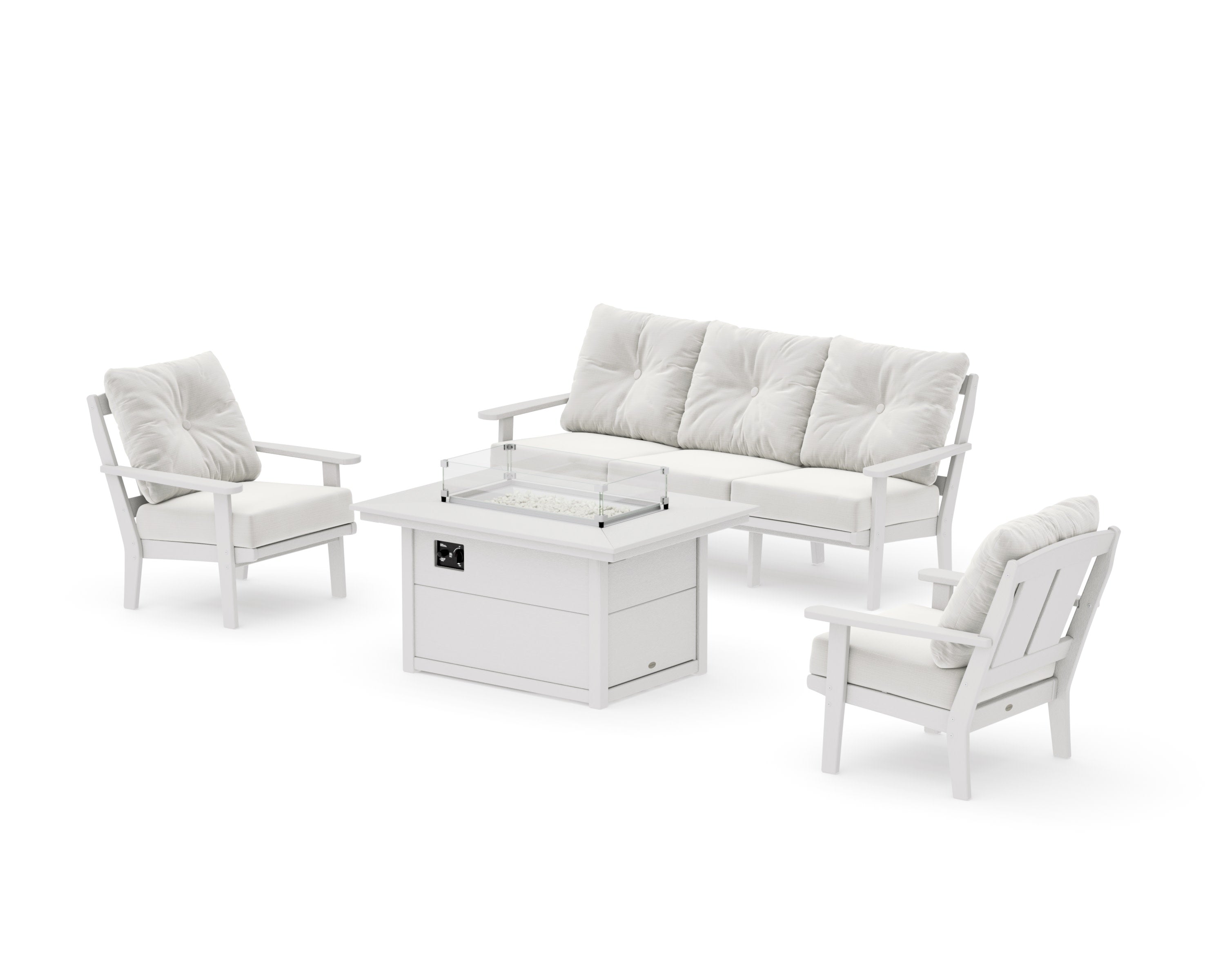 Mission Deep Seating Fire Pit Table Set in Vintage White / Natural Linen