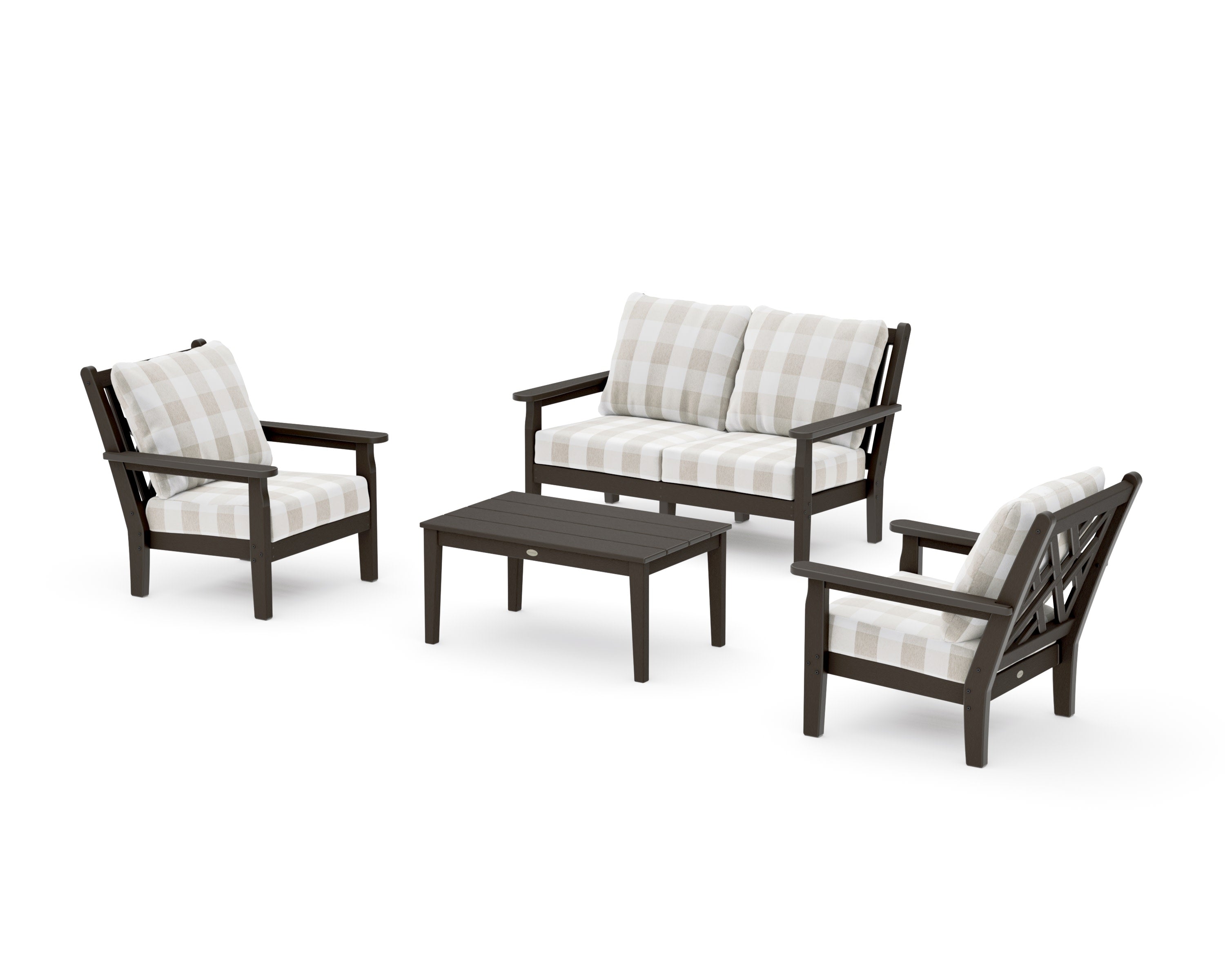 Chippendale 4-Piece Deep Seating Set with Loveseat in Vintage Coffee / Buffalo Plaid Dune Burlap