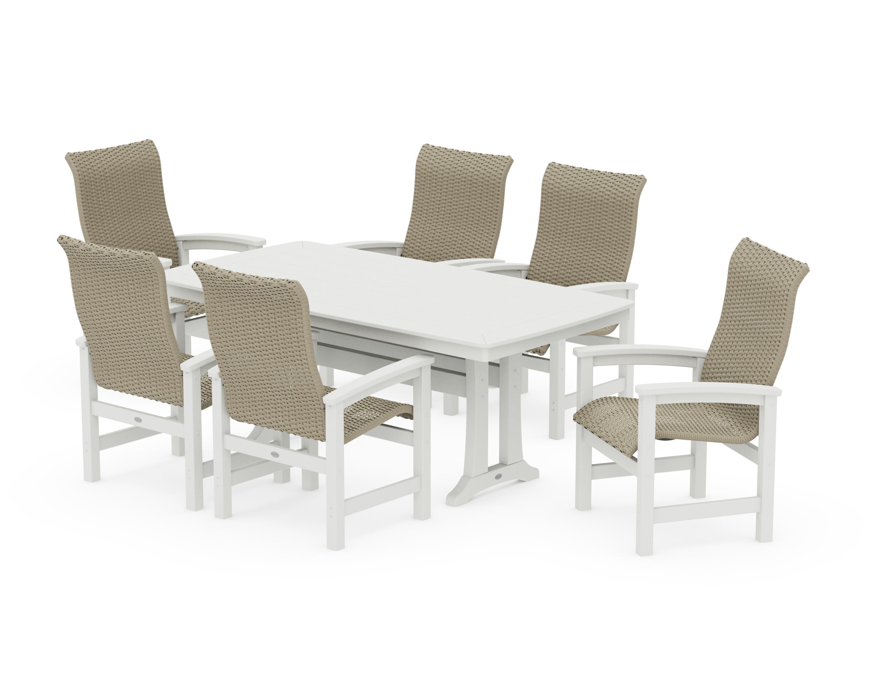Coastal Woven High-Back Arm Chair 7-Piece Dining Set with Trestle Legs in White / Dune Grass