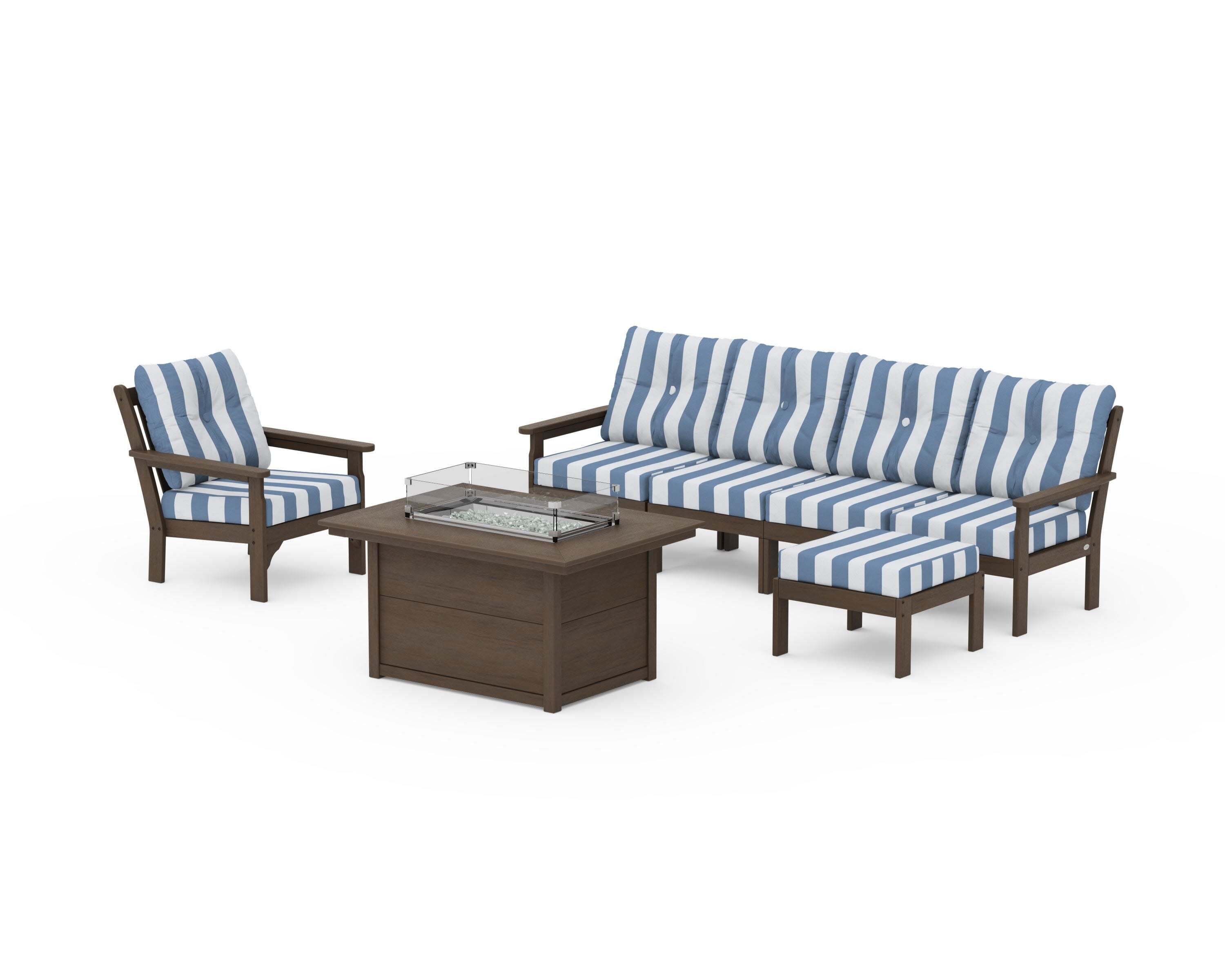 Vineyard Sectional Lounge and Fire Pit Set in Kona / Cabana Stripe Sky Blue