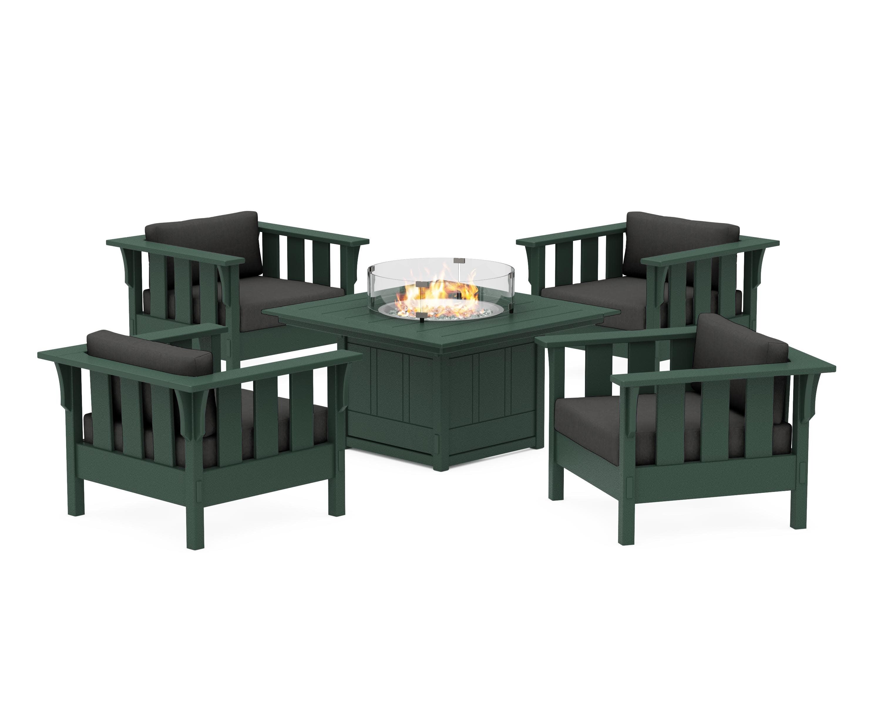 Acadia 5-Piece Deep Seating Set with Fire Pit Table in Green / Spectrum Carbon