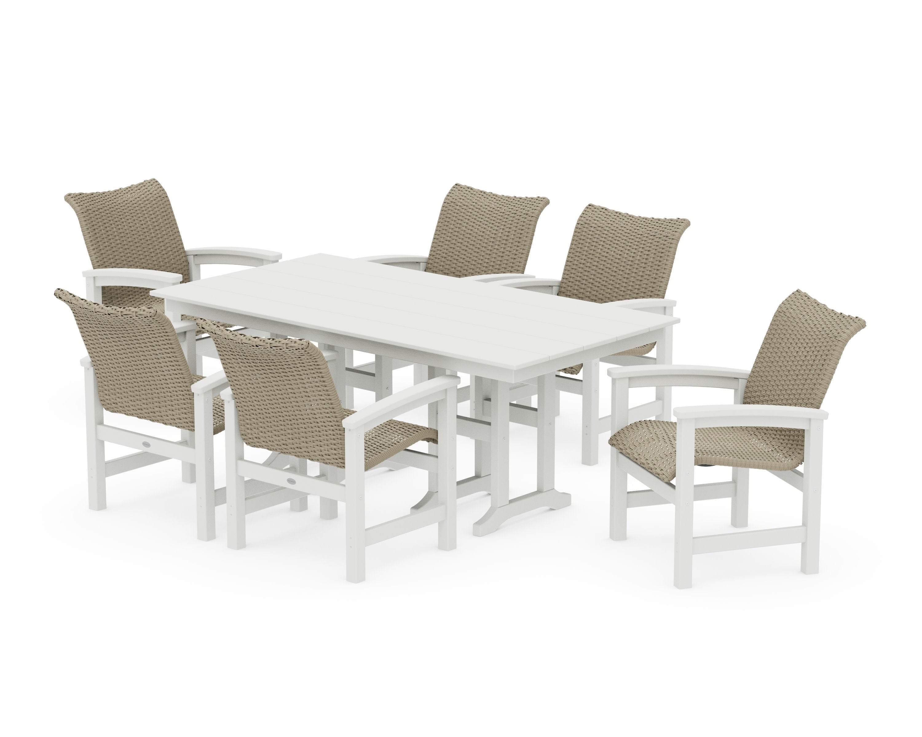 Coastal Woven Arm Chair 7-Piece Farmhouse Dining Set in White / Dune Grass