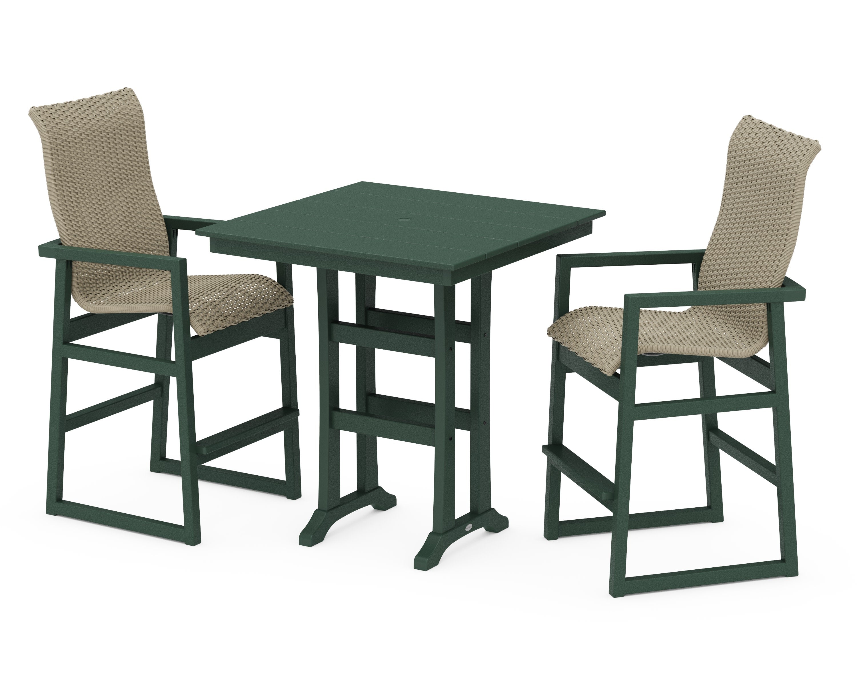 EDGE Woven Highback 3-Piece Farmhouse Bar Set with Trestle Legs in Green / Dune Grass