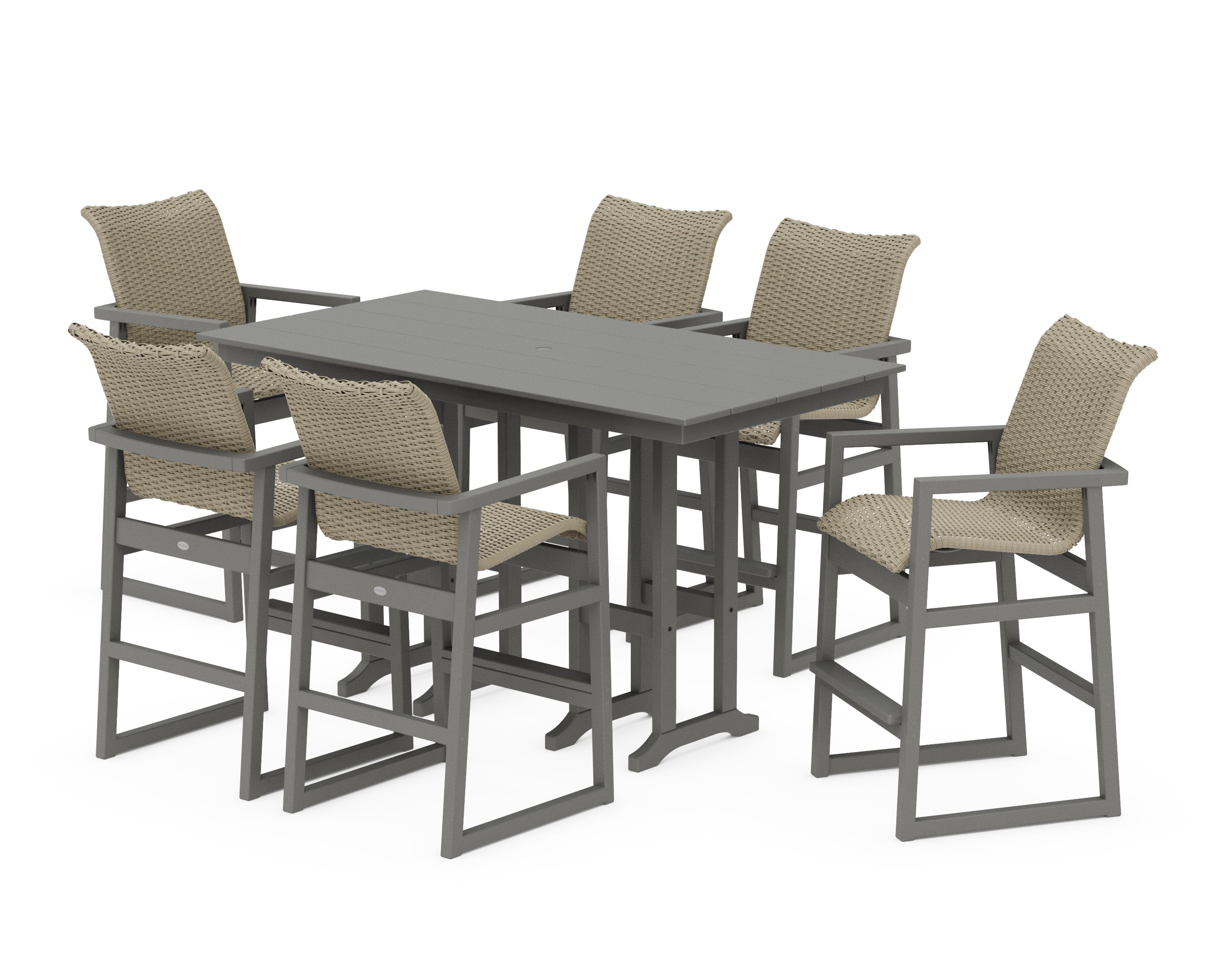 EDGE Woven Arm Chair 7-Piece Farmhouse Bar Set in Slate Grey / Dune Grass