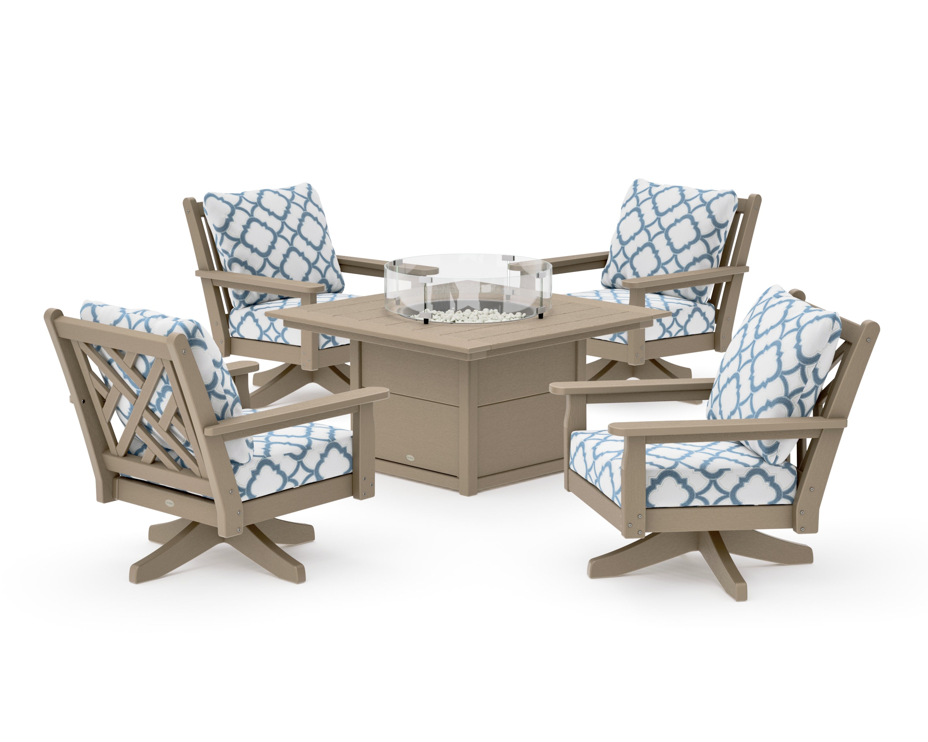 Chippendale 5-Piece Deep Seating Swivel Conversation Set with Fire Pit Table in Vintage Sahara / Trellis Sky Blue