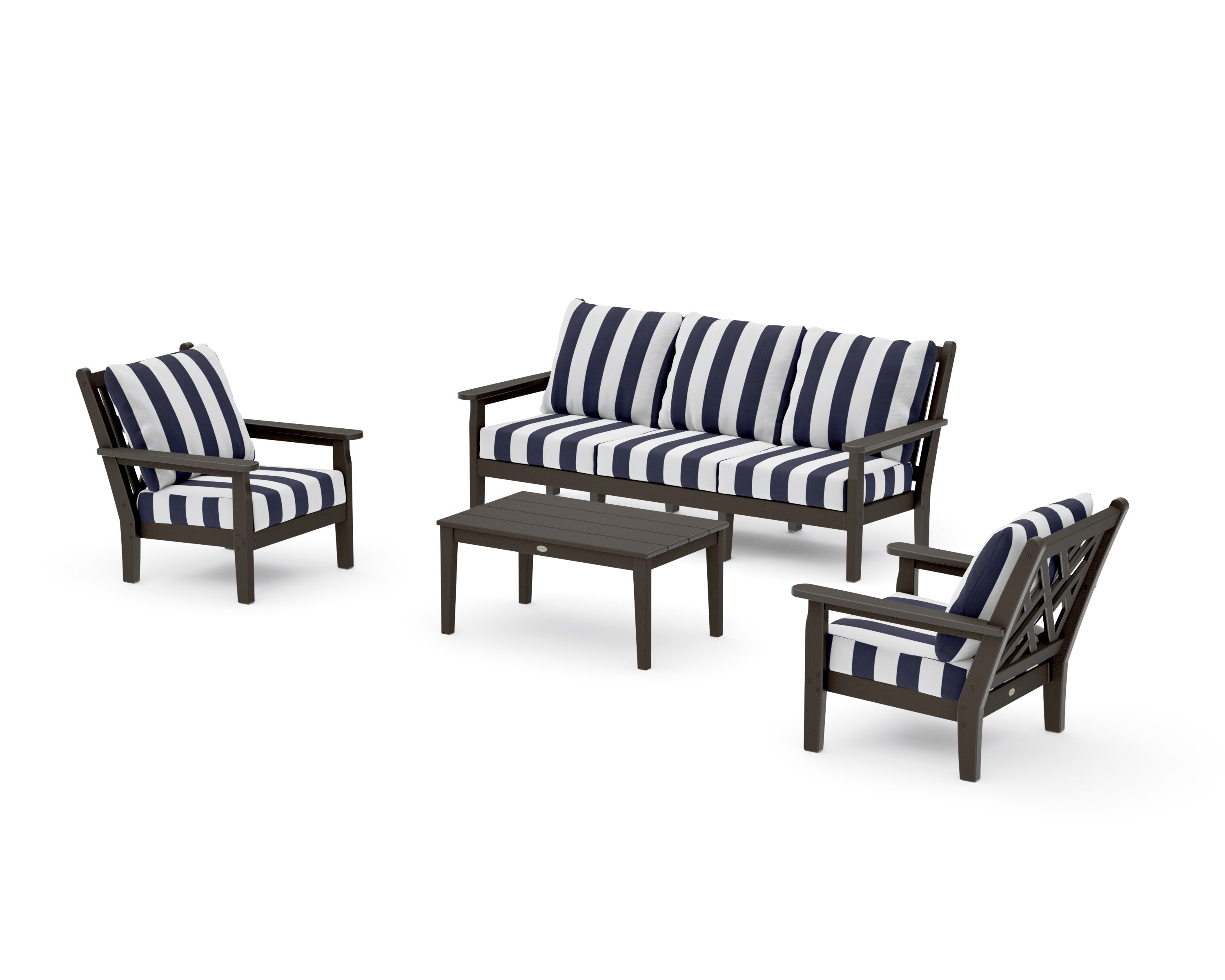 Chippendale 4-Piece Deep Seating Set with Sofa in Vintage Coffee / Cabana Stripe Navy