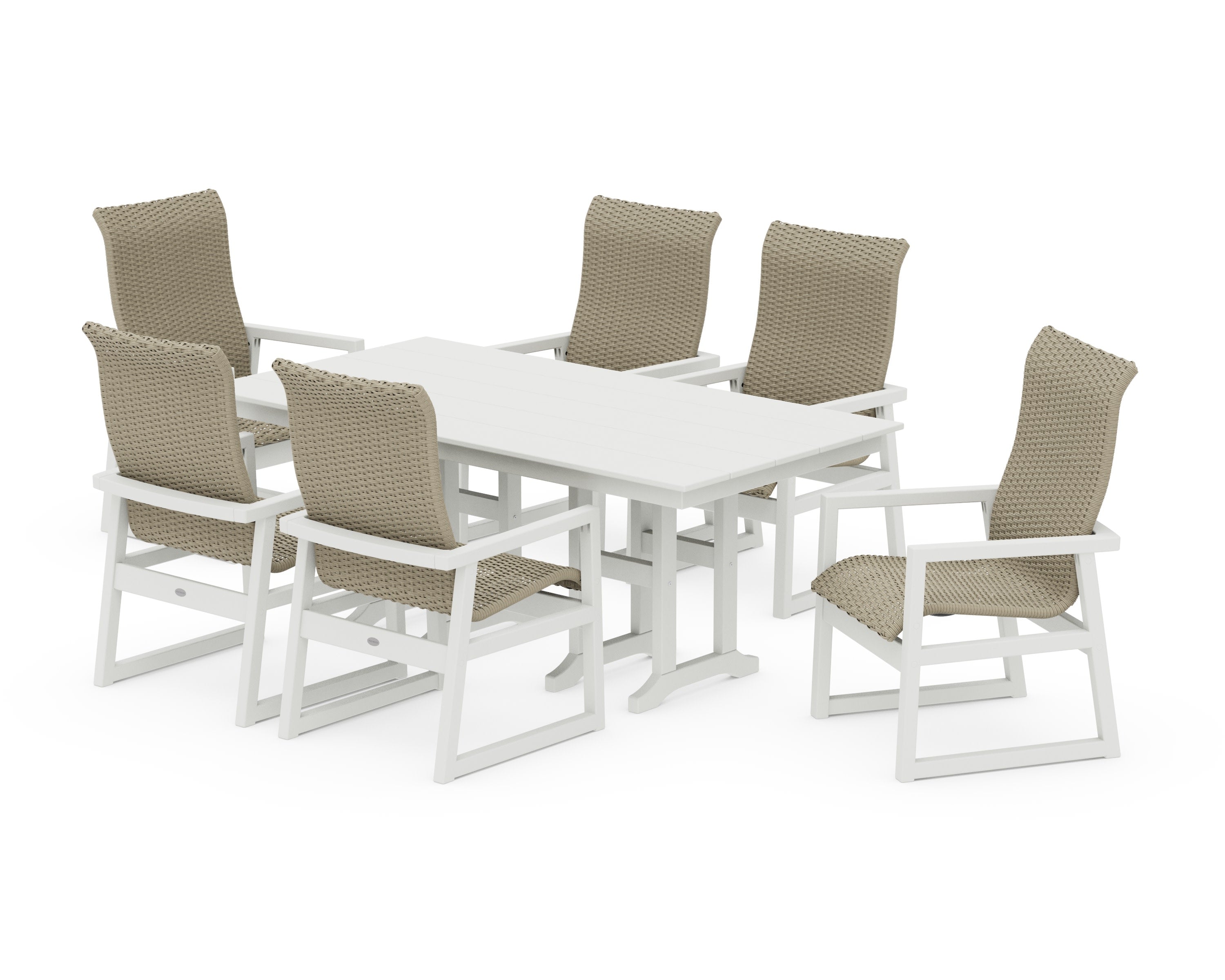 EDGE Woven Highback Arm Chair 7-Piece Farmhouse Dining Set in Vintage White / Dune Grass