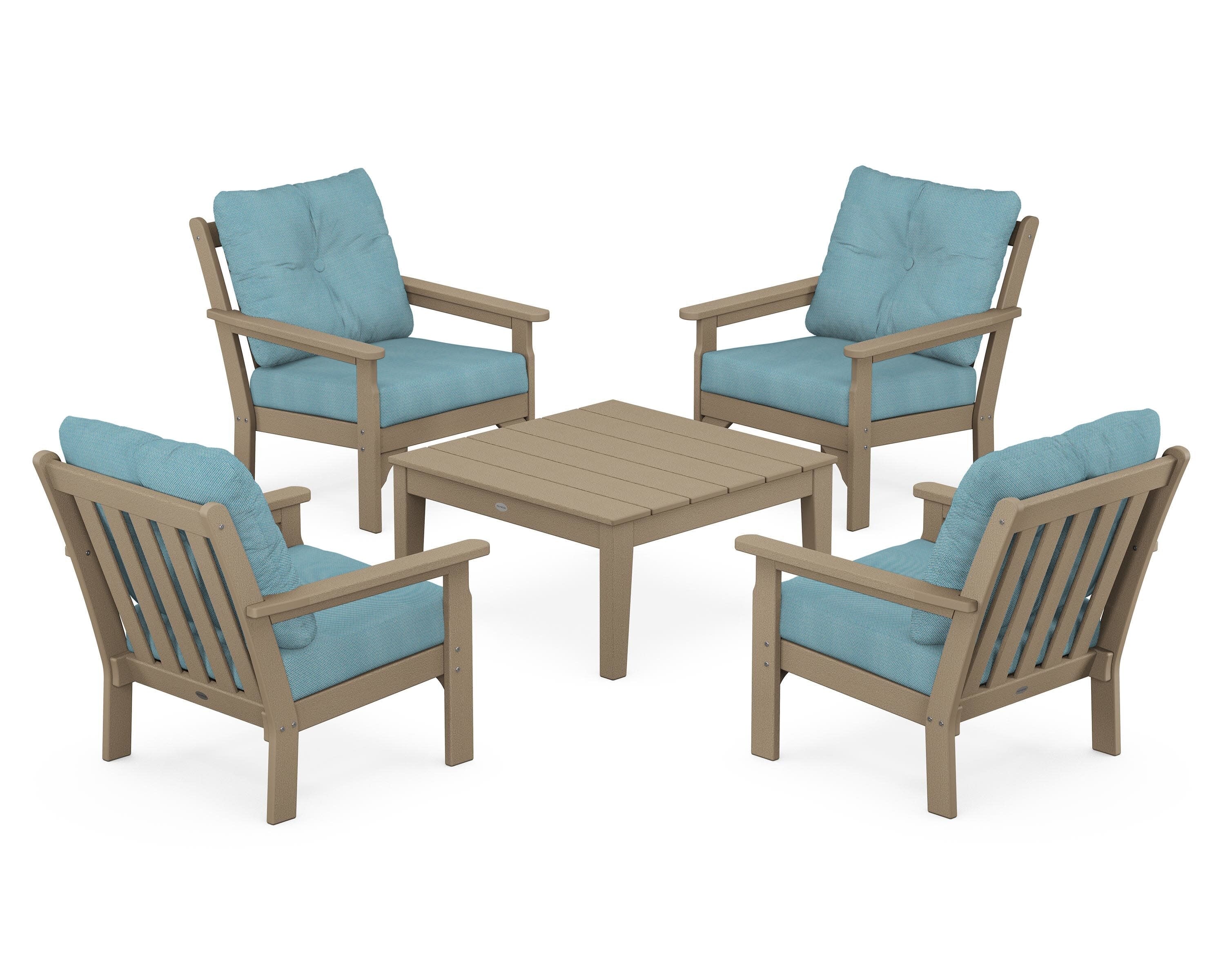 Vineyard 5-Piece Deep Seating Conversation Set in Vintage Sahara / Lattice Sky Blue