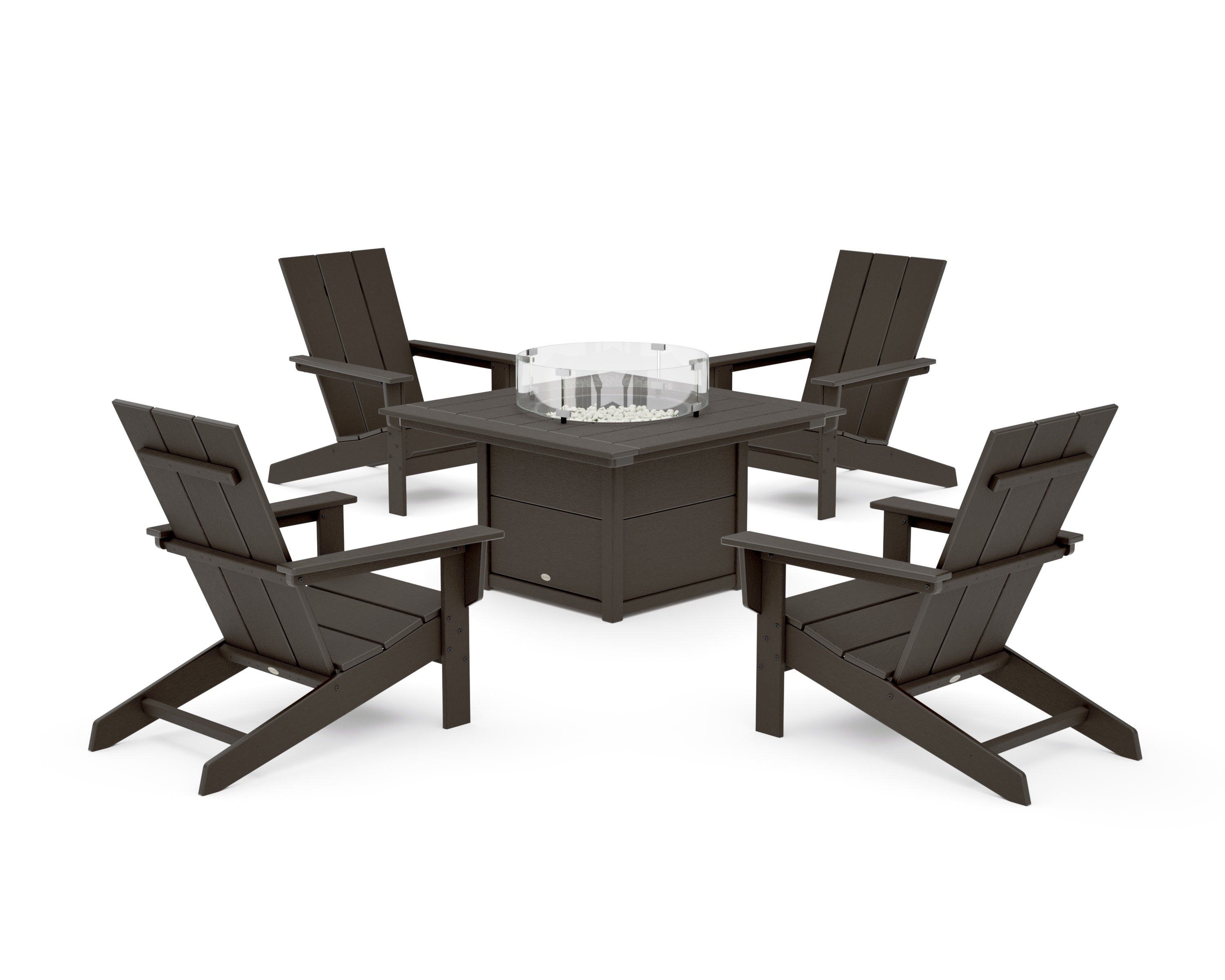 5-Piece Modern Studio Adirondack Conversation Set with Fire Pit Table in Vintage Coffee