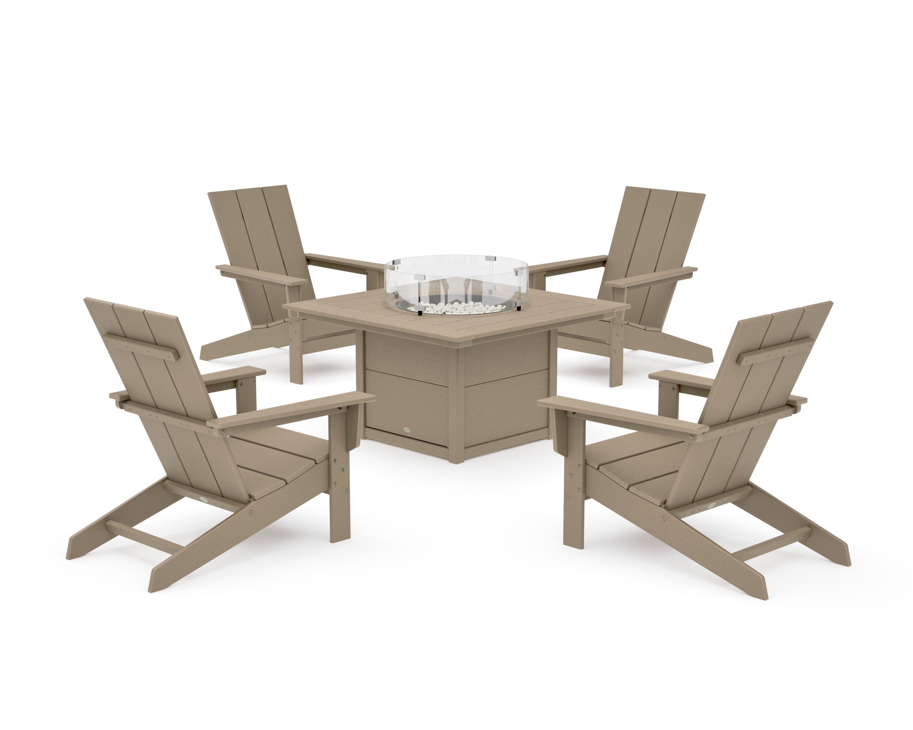 5-Piece Modern Studio Adirondack Conversation Set with Fire Pit Table in Vintage Sahara