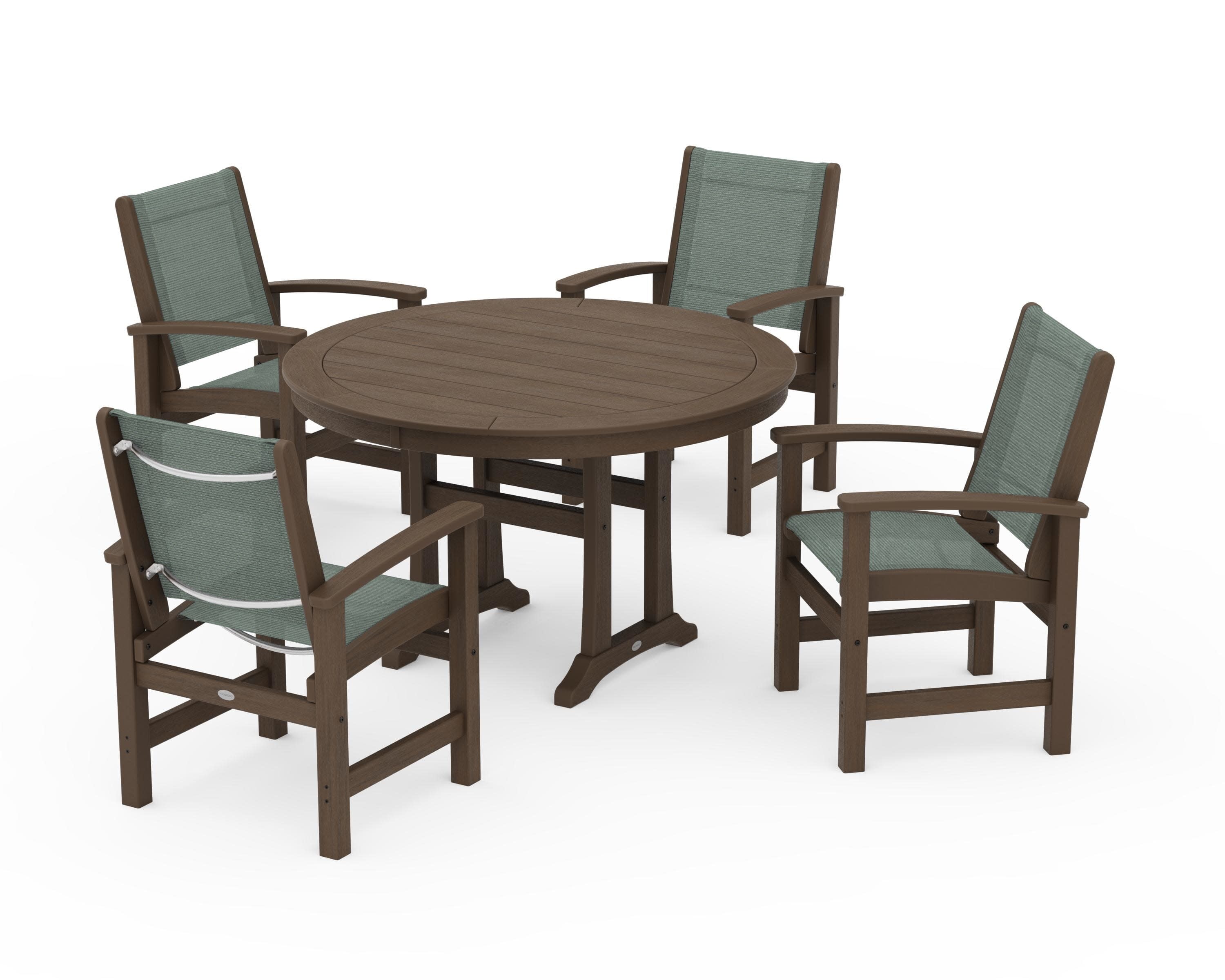 Coastal 5-Piece Round Dining Set with Trestle Legs in Kona / Dupioni Sea Mist Sling