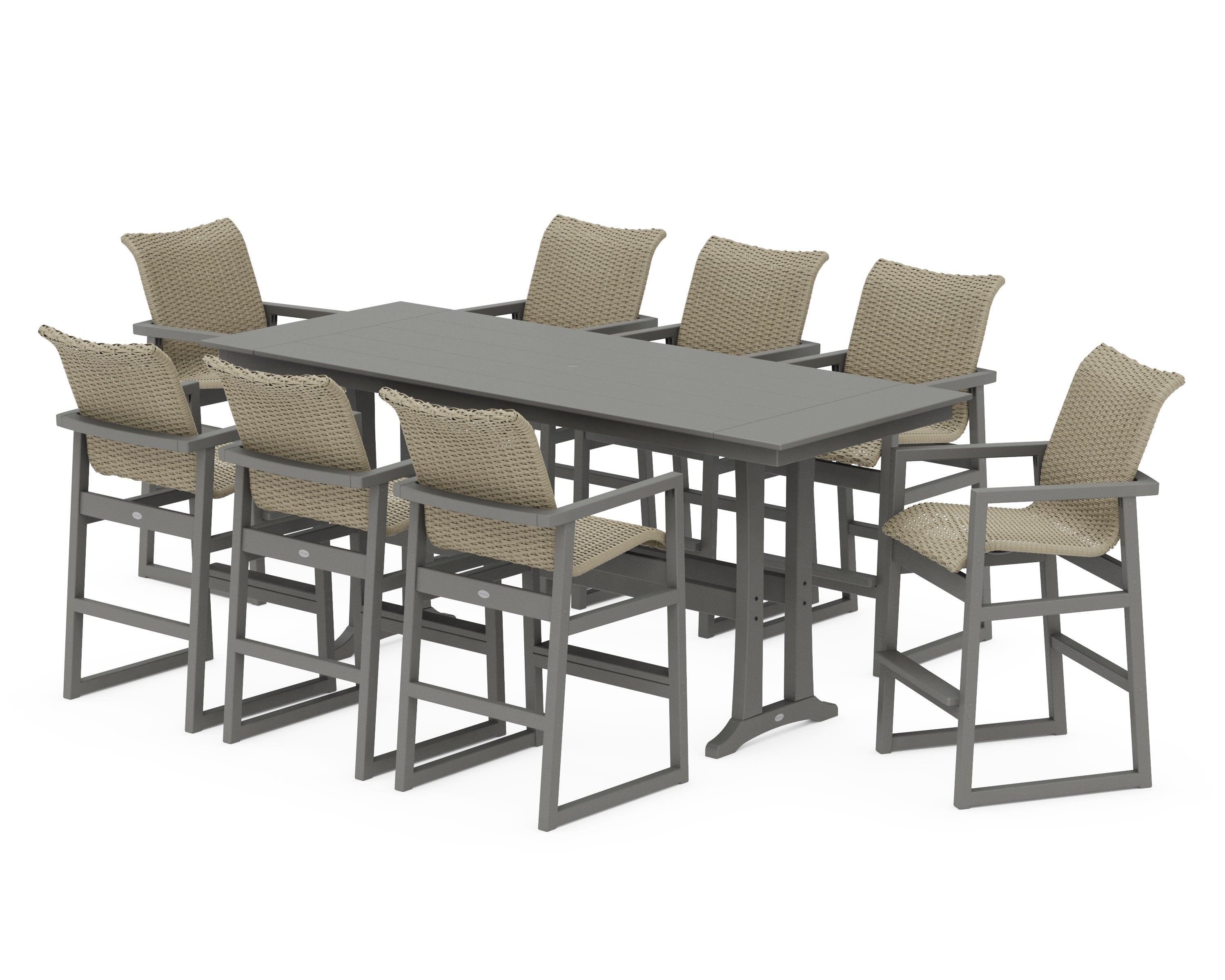 EDGE Woven 9-Piece Farmhouse Bar Set with Trestle Legs in Slate Grey / Dune Grass
