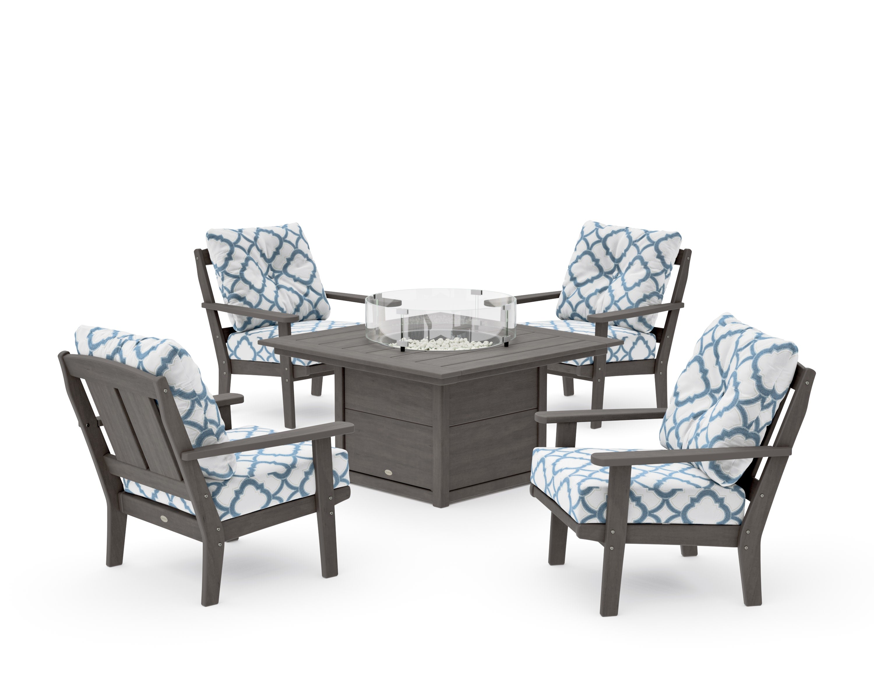 Mission 5-Piece Deep Seating Set with Fire Pit Table in Driftwood / Trellis Sky Blue