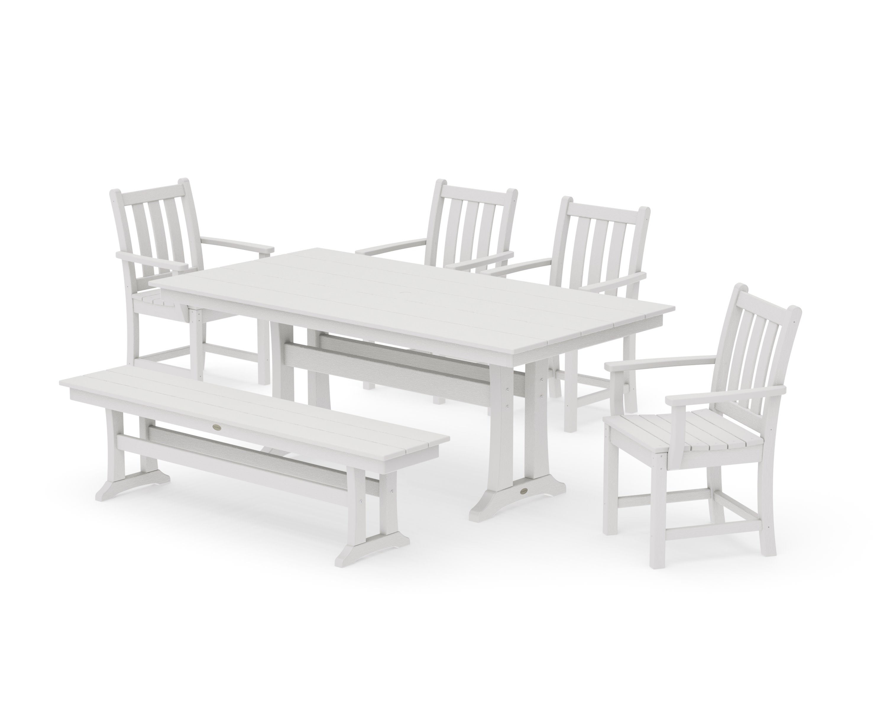 Traditional Garden Arm Chair 6-Piece Farmhouse Dining Set with Trestle Legs and Bench in Vintage White