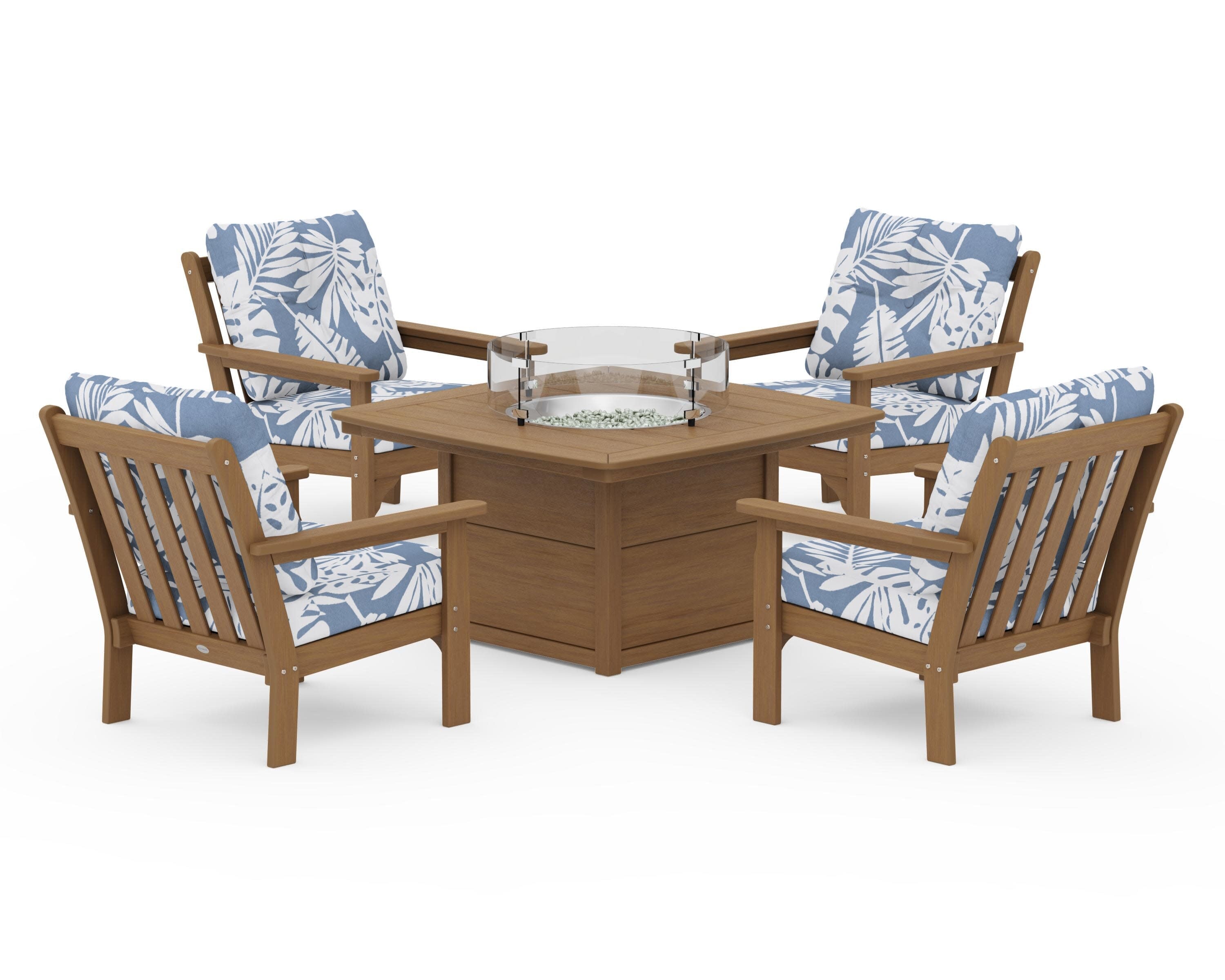 Vineyard 5-Piece Conversation Set with Fire Pit Table in Natural / Leaf Sky Blue