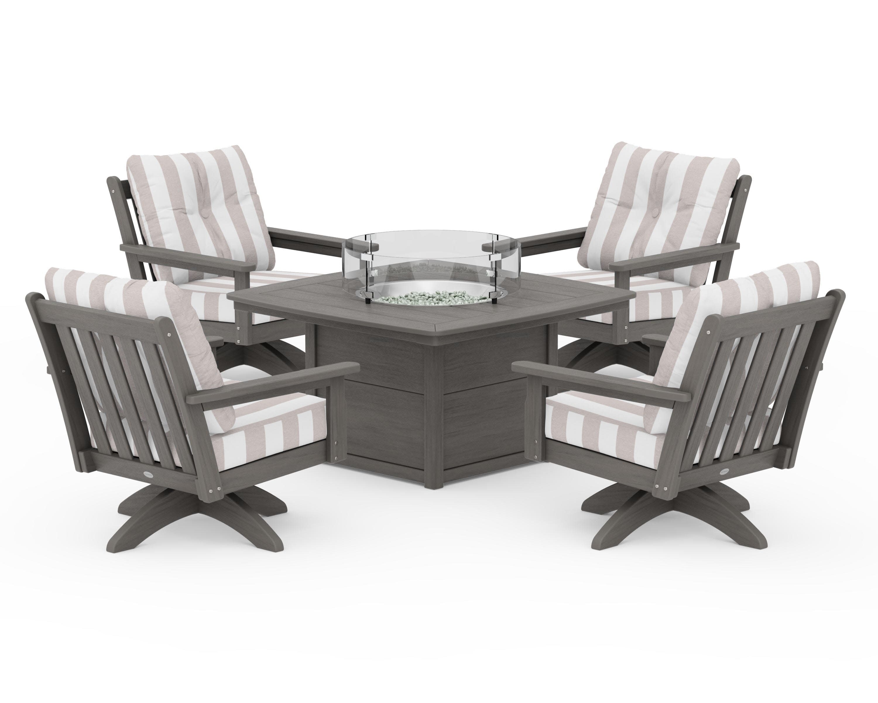 Vineyard 5-Piece Deep Seating Swivel Conversation Set with Fire Pit Table in Driftwood / Cabana Stripe Dune Burlap