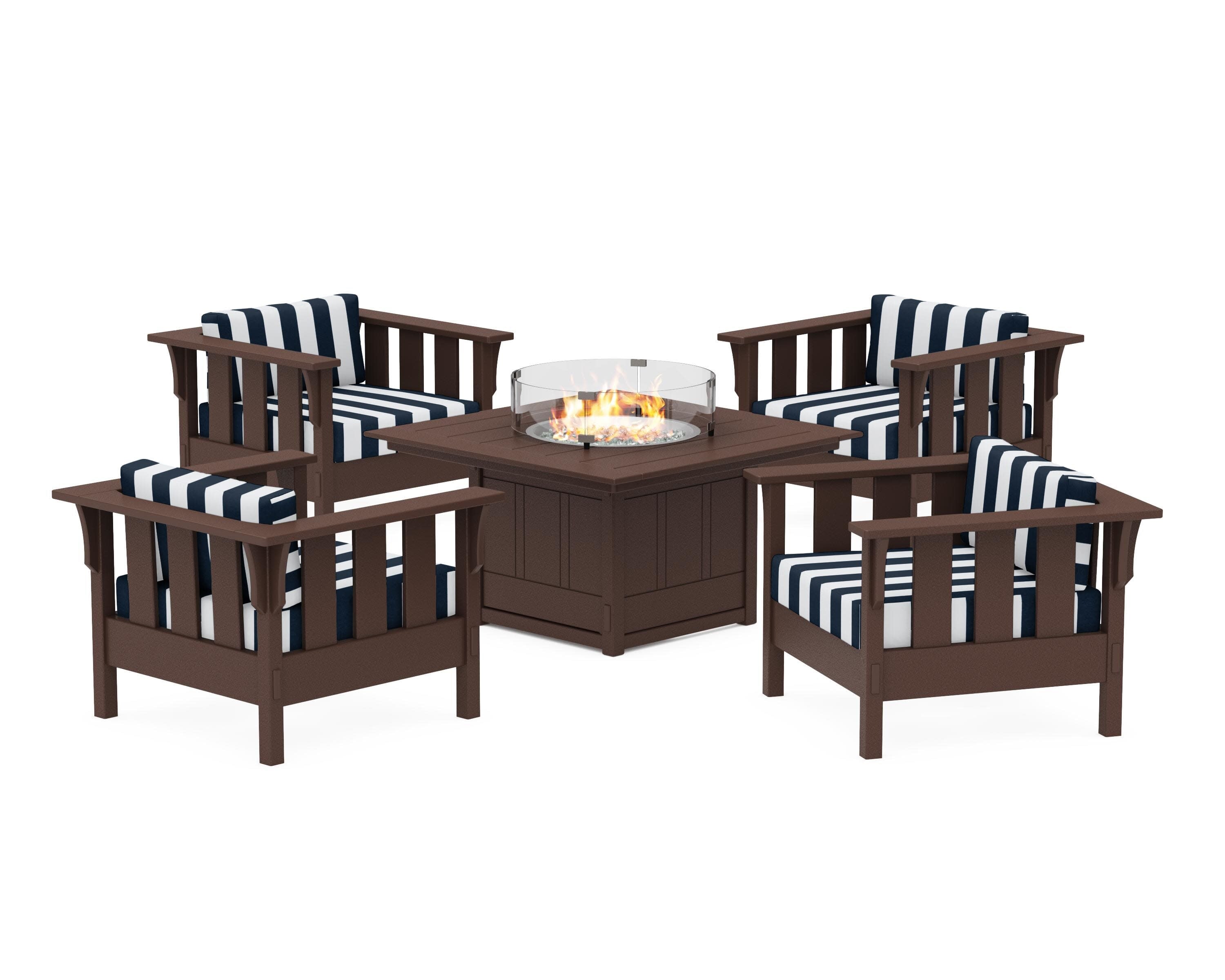 Acadia 5-Piece Deep Seating Set with Fire Pit Table in Mahogany / Cabana Stripe Marine Indigo