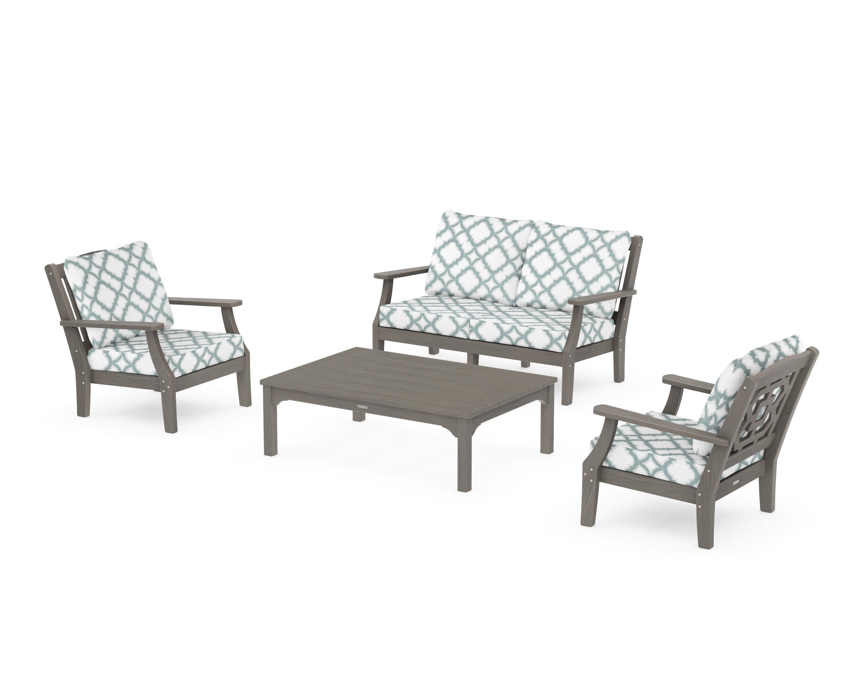 Chinoiserie 4-Piece Deep Seating Set with Loveseat in Driftwood / Trellis Glacier Spa