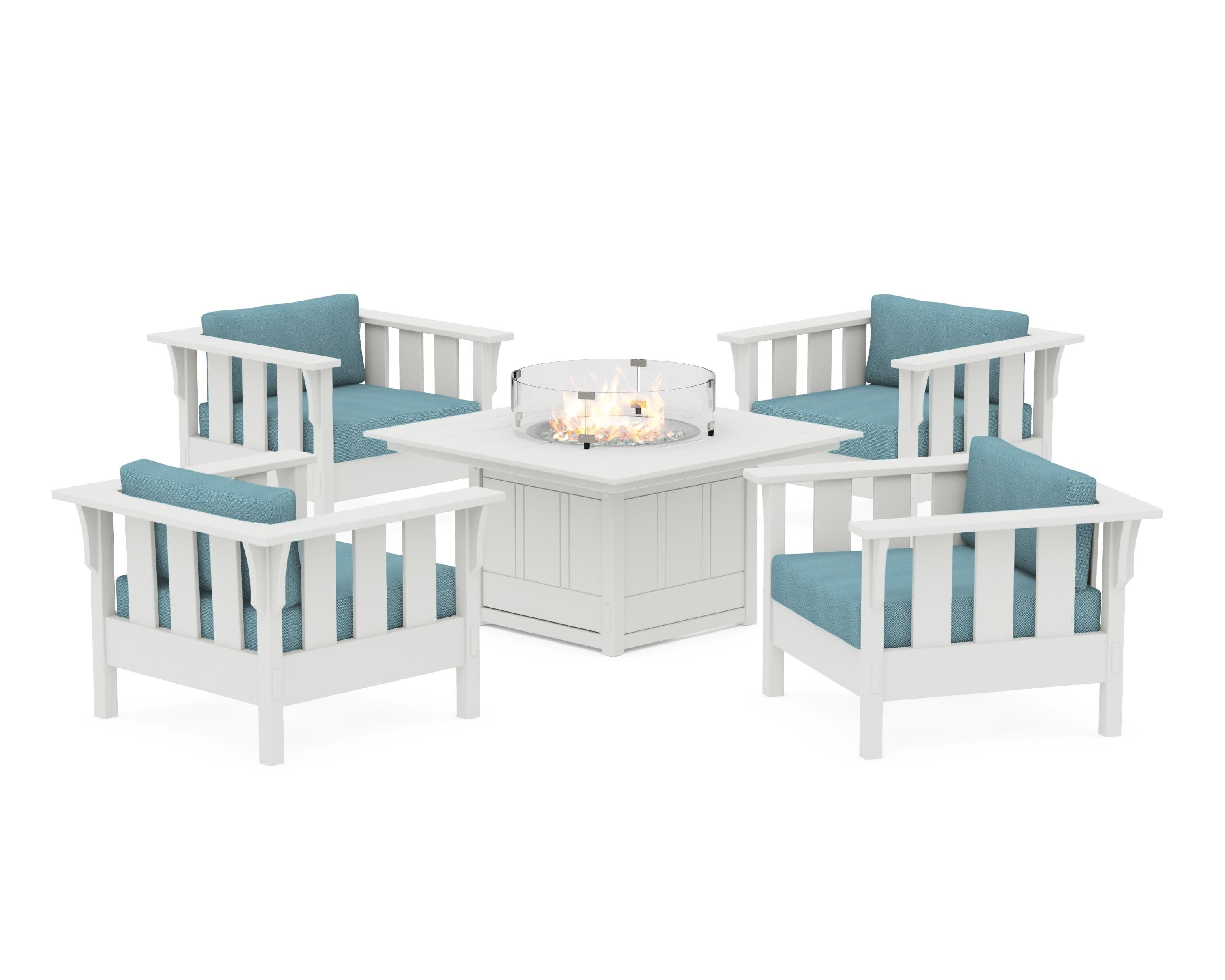 Acadia 5-Piece Deep Seating Set with Fire Pit Table in Vintage White / Lattice Sky Blue
