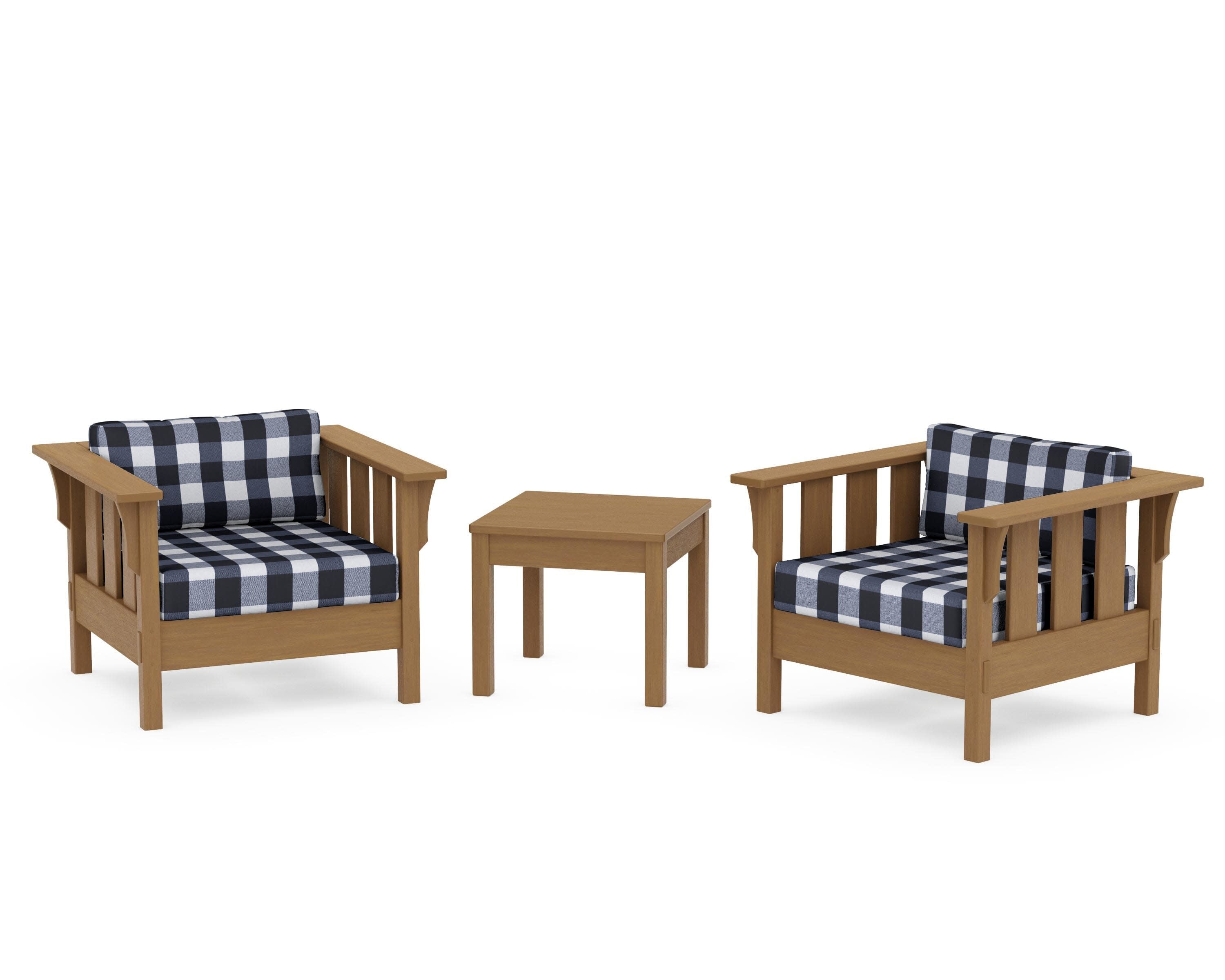 Acadia 3-Piece Deep Seating Set in Natural / Buffalo Plaid Marine Indigo
