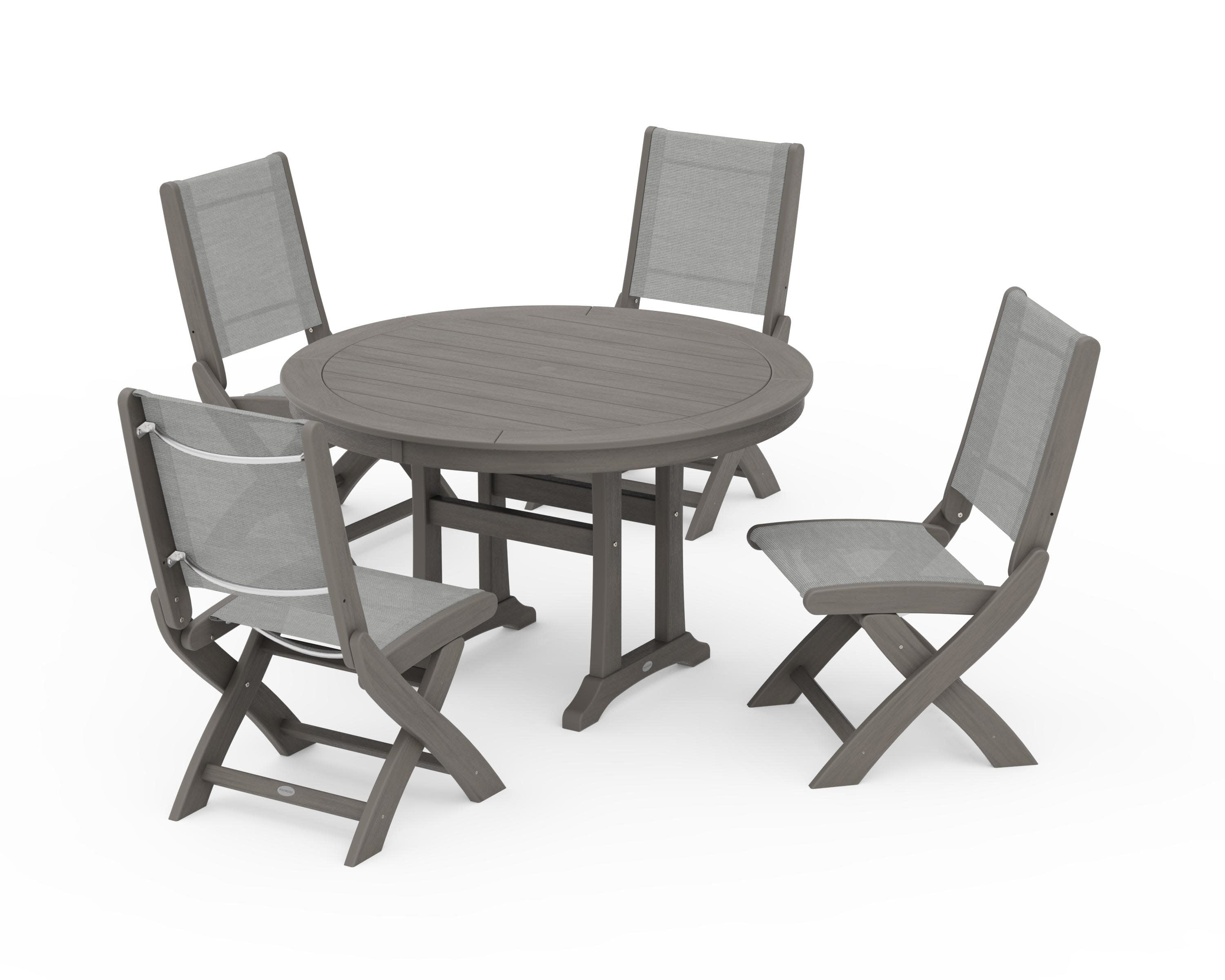 Coastal Folding Side Chair 5-Piece Round Dining Set With Trestle Legs in Driftwood / Metallic Sling