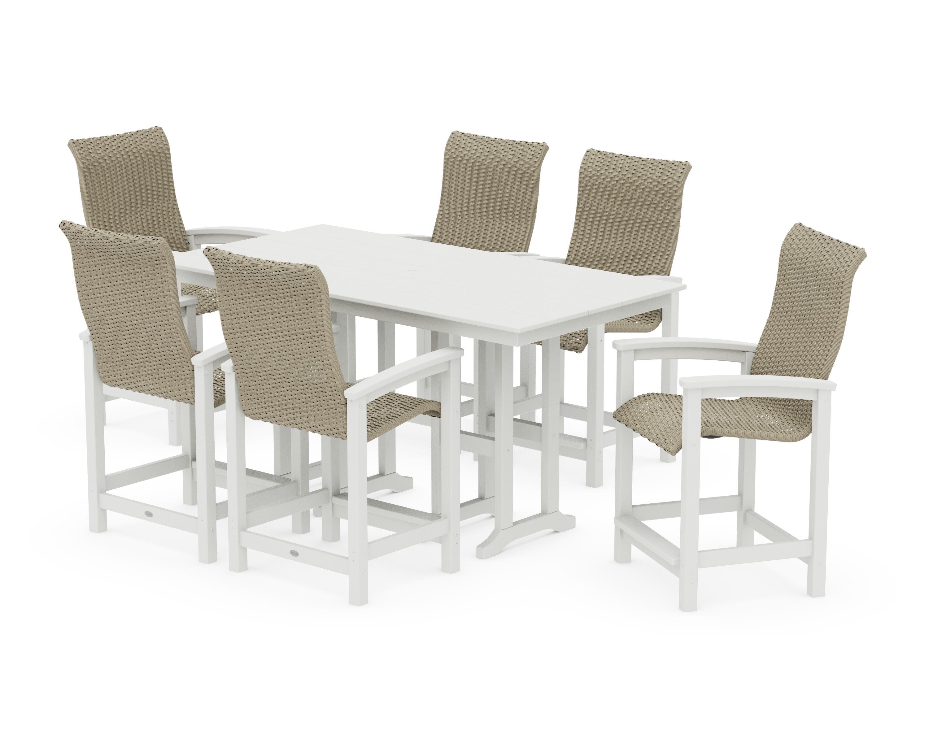 Coastal Woven High-Back Arm Chair 7-Piece Farmhouse Counter Set in White / Dune Grass