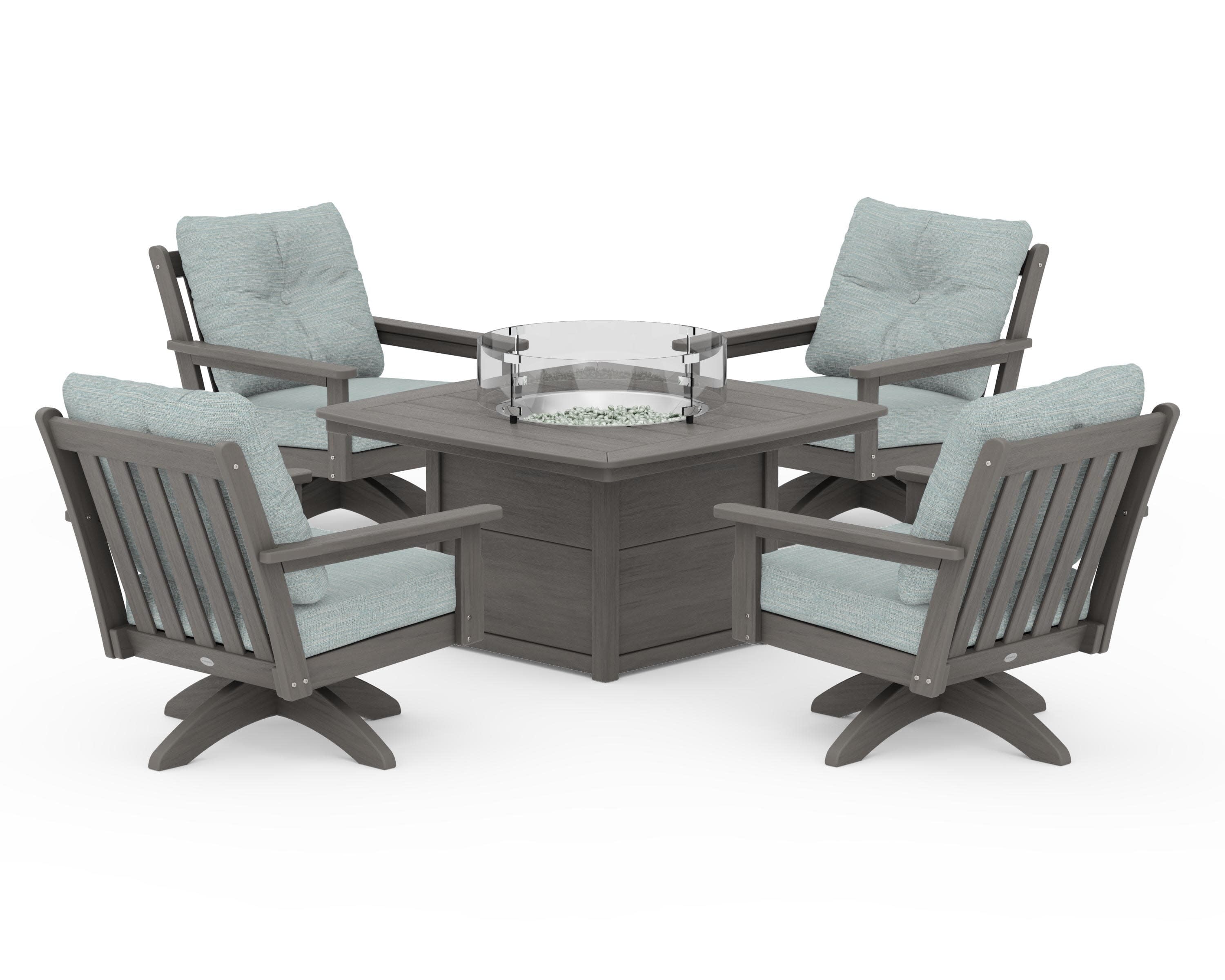 Vineyard 5-Piece Deep Seating Swivel Conversation Set with Fire Pit Table in Driftwood / Soothe Mist