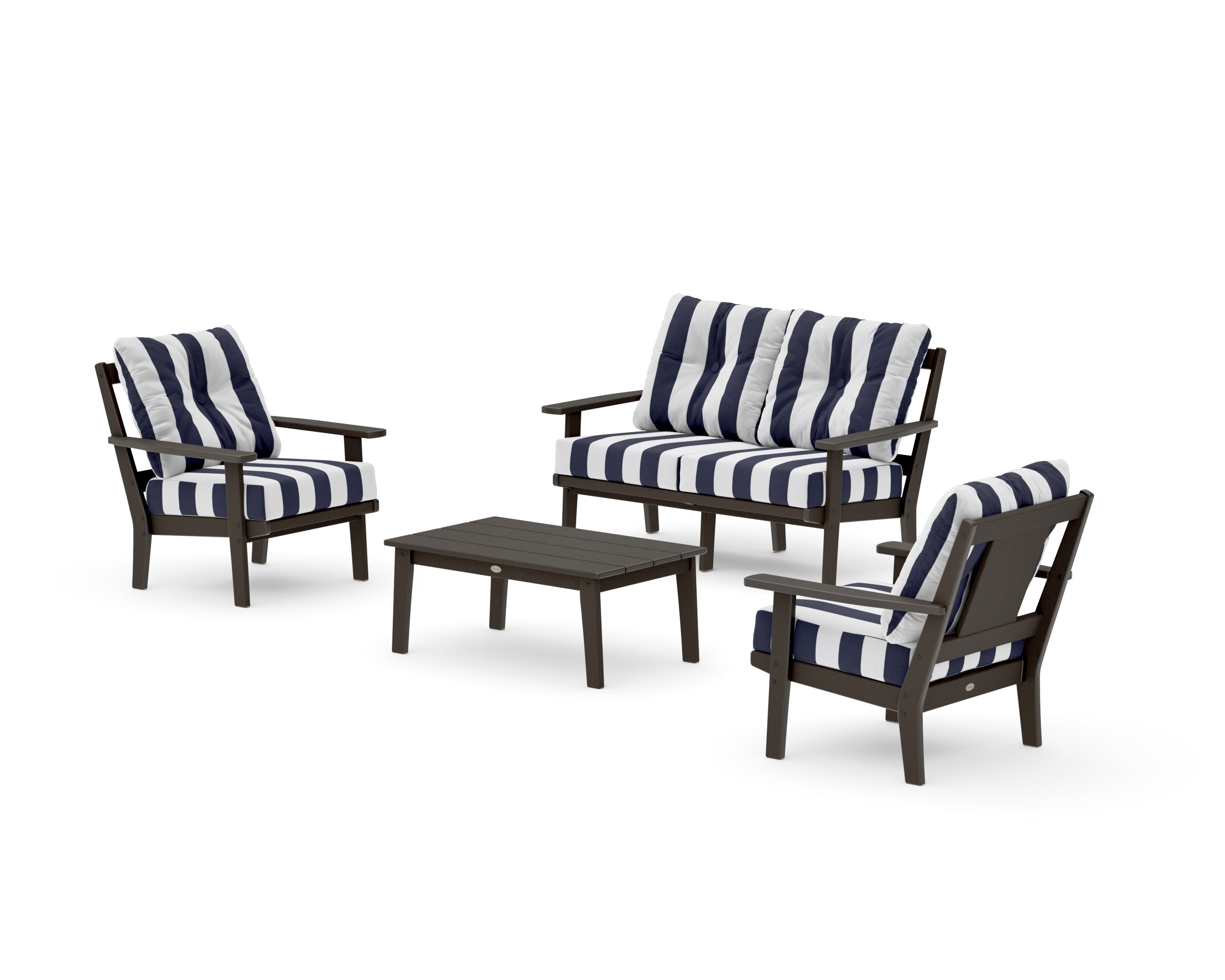 Prairie 4-Piece Deep Seating Set with Loveseat in Vintage Coffee / Cabana Stripe Navy