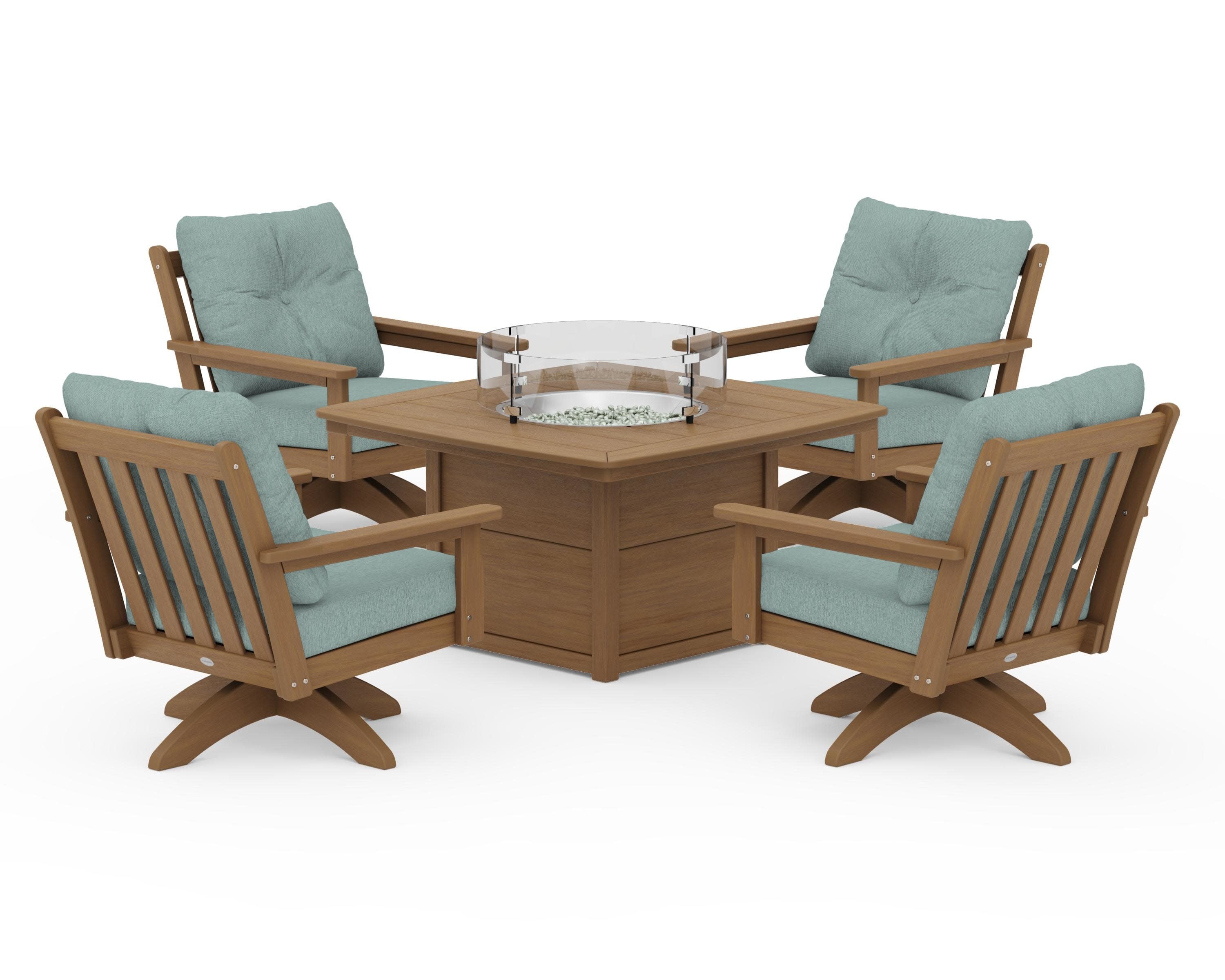 Vineyard 5-Piece Deep Seating Swivel Conversation Set with Fire Pit Table in Natural / Glacier Spa