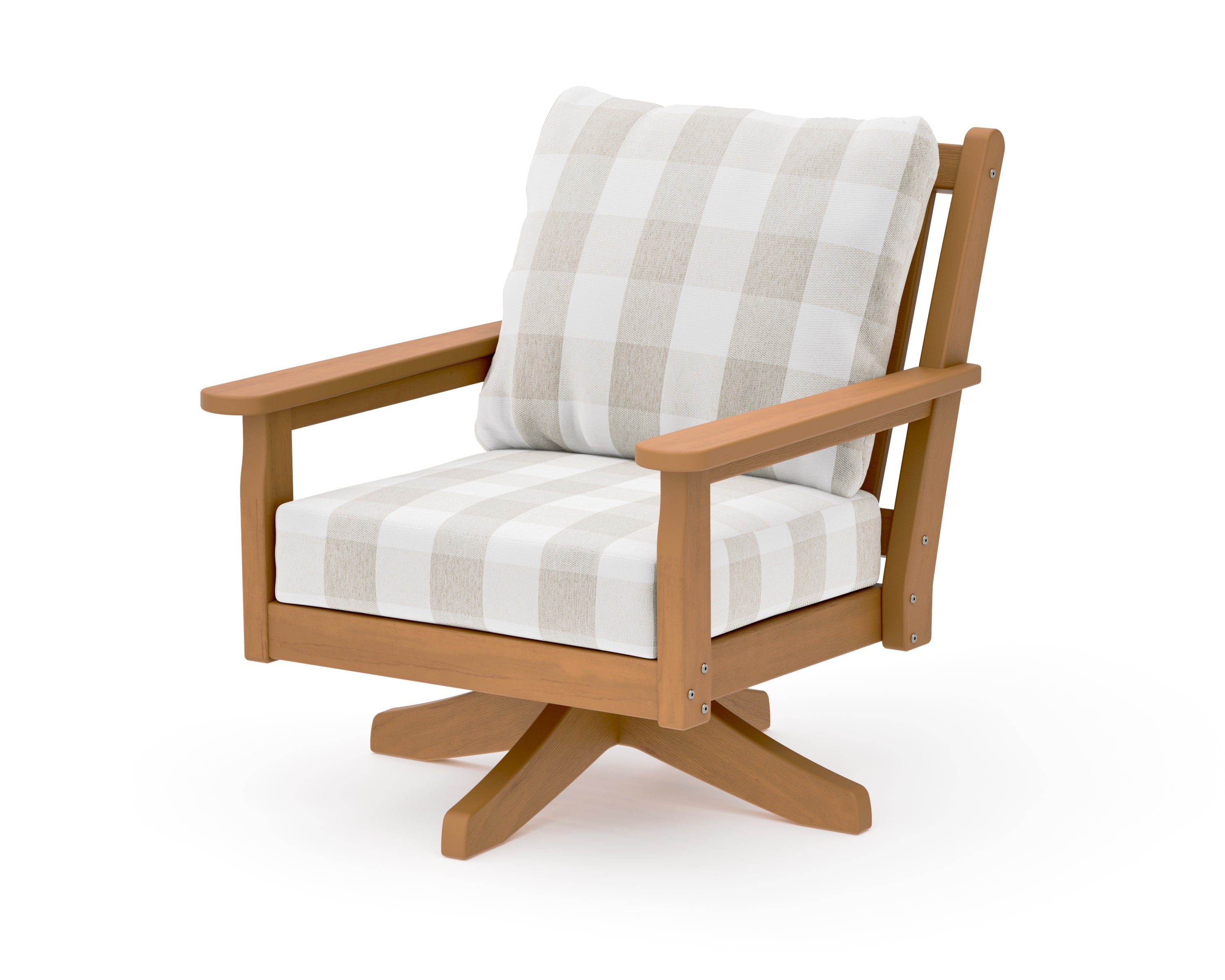 Chippendale Deep Seating Swivel Chair in Natural / Buffalo Plaid Dune Burlap