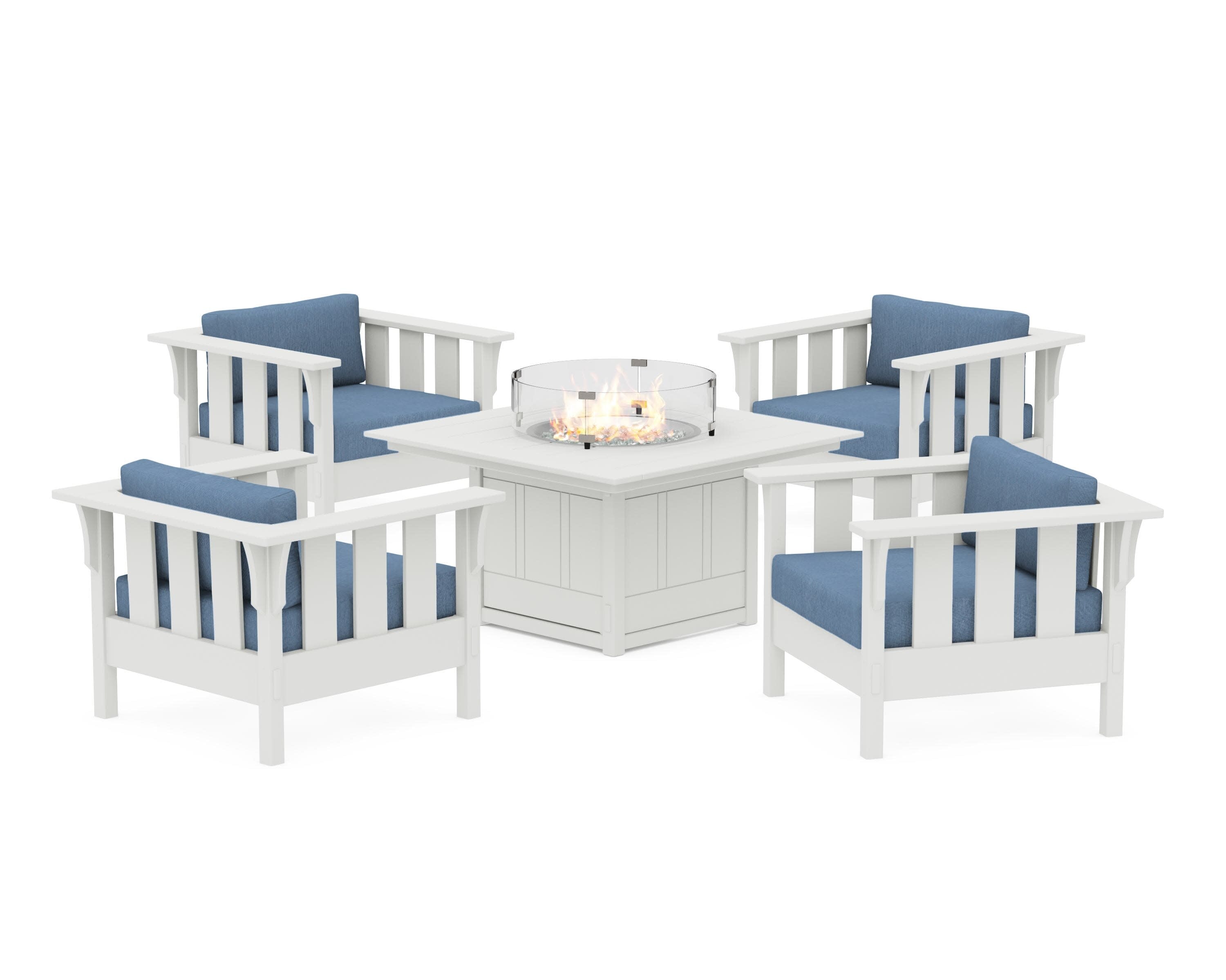 Acadia 5-Piece Deep Seating Set with Fire Pit Table in White / Sky Blue