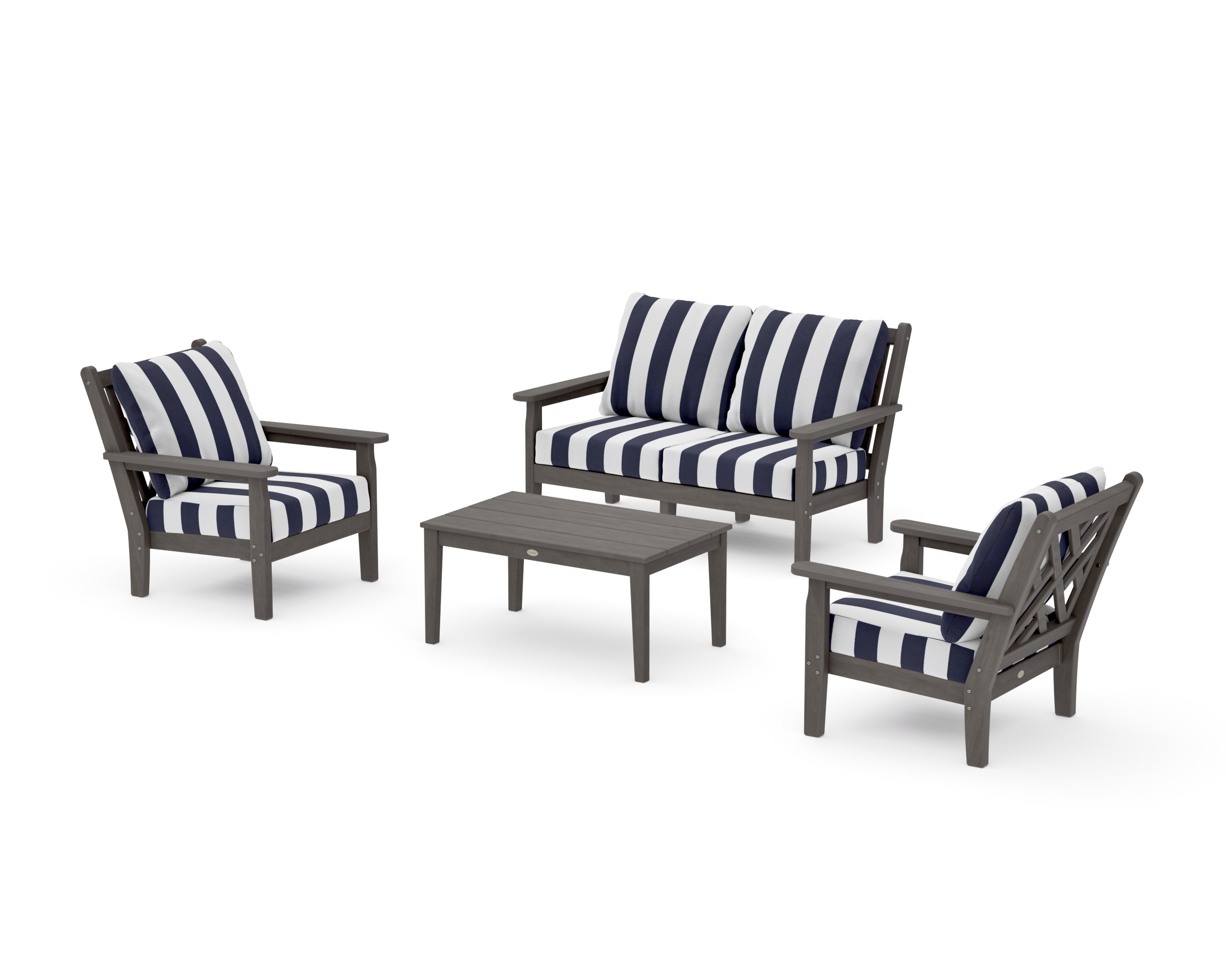 Chippendale 4-Piece Deep Seating Set with Loveseat in Driftwood / Cabana Stripe Navy