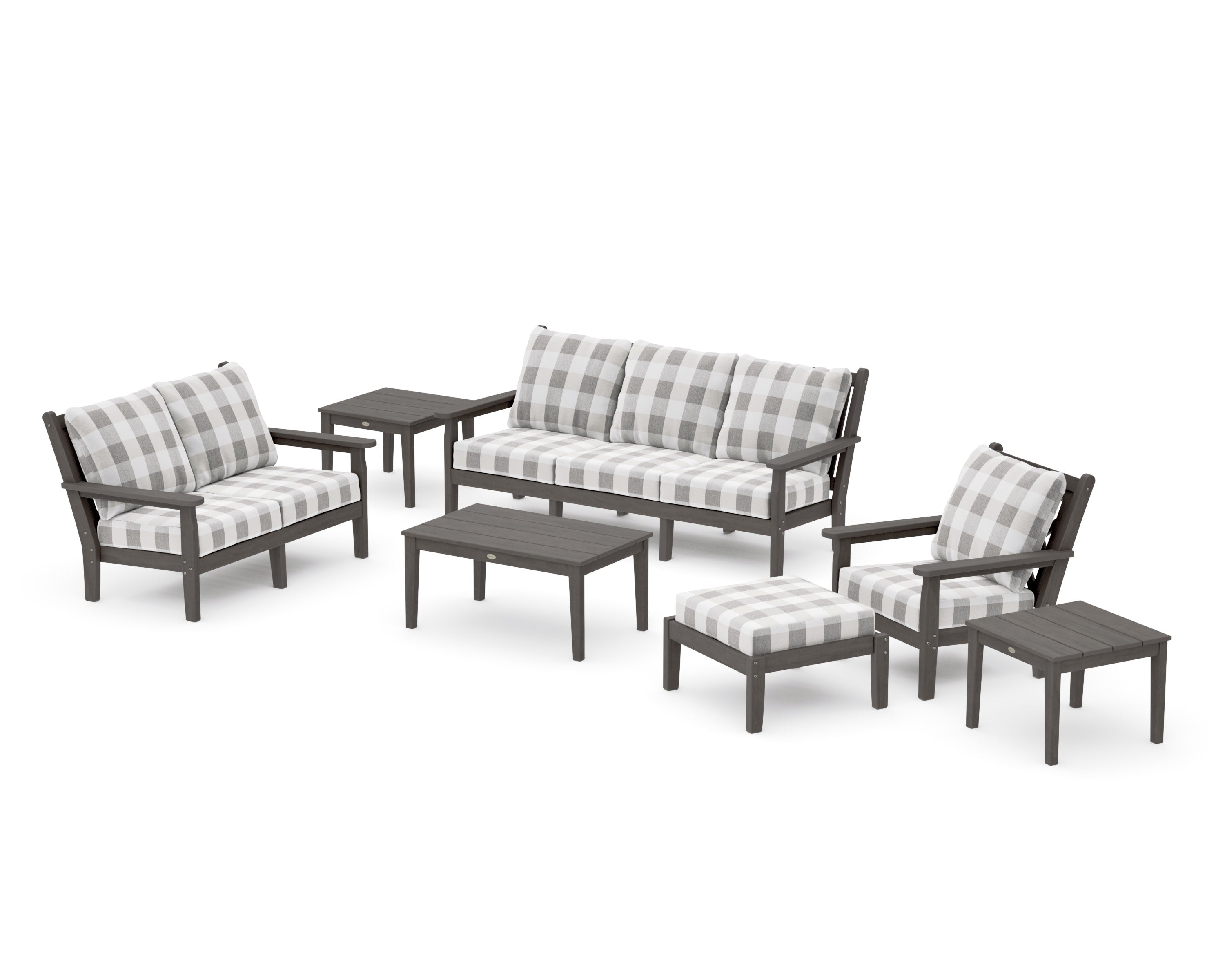 Chippendale 7-Piece Deep Seating Set in Driftwood / Buffalo Plaid Grey Mist