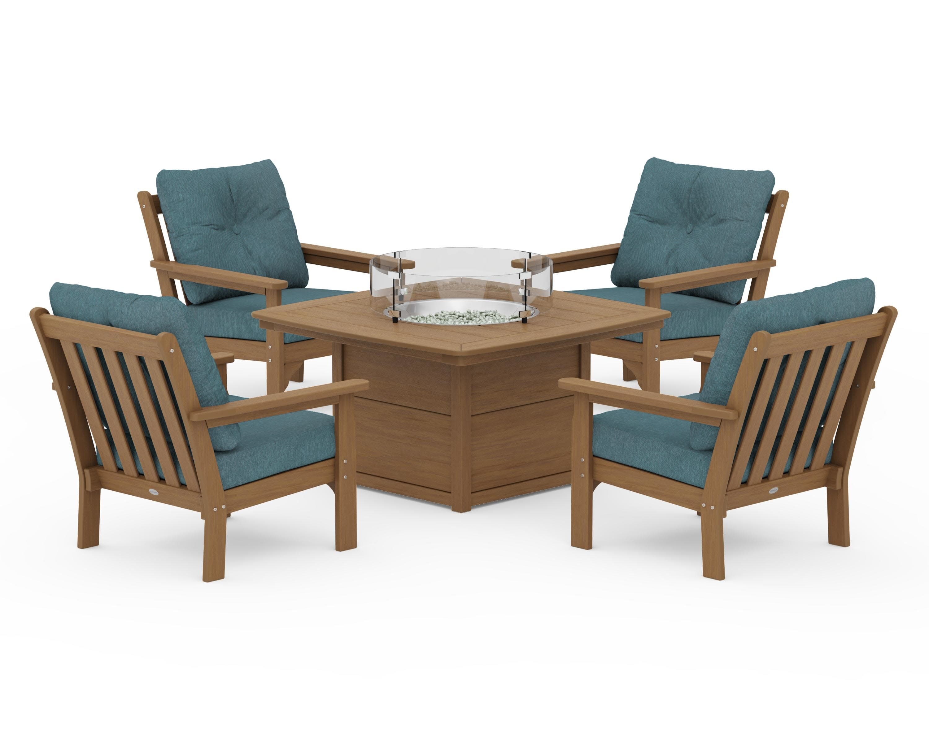 Vineyard 5-Piece Conversation Set with Fire Pit Table in Natural / Ocean Teal