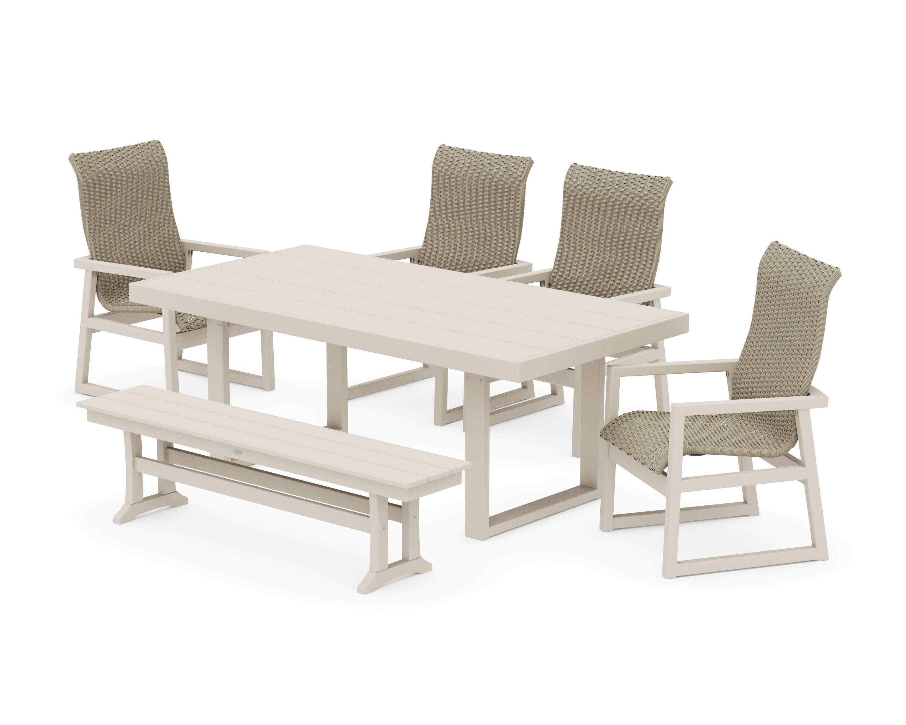 EDGE Woven Highback 6-Piece Dining Set with Bench in Sand / Dune Grass