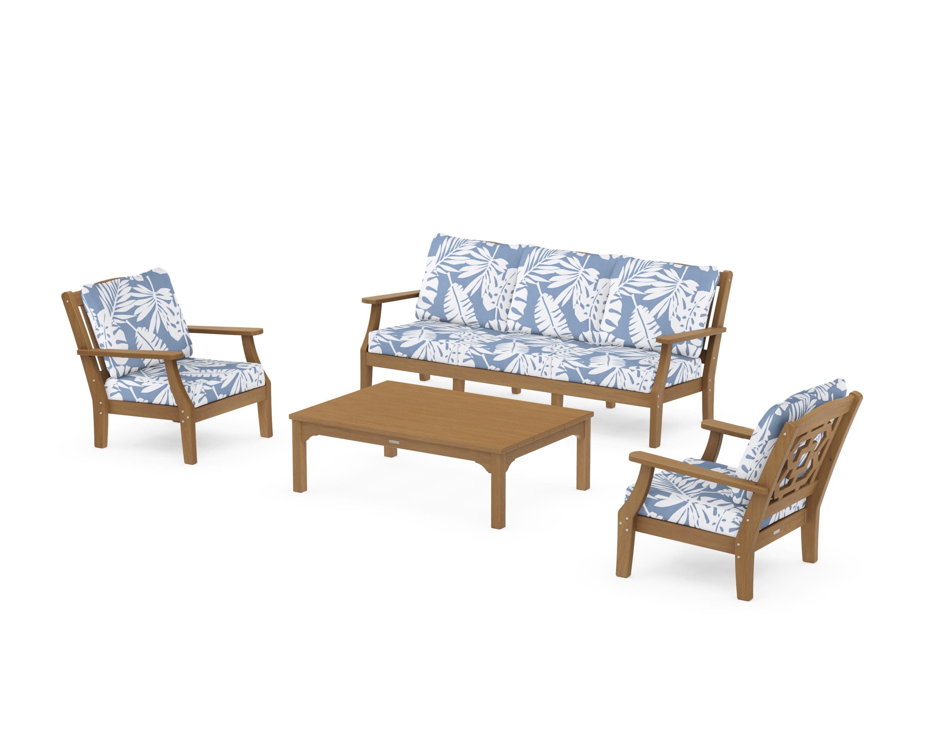 Chinoiserie 4-Piece Deep Seating Set with Sofa in Natural / Leaf Sky Blue