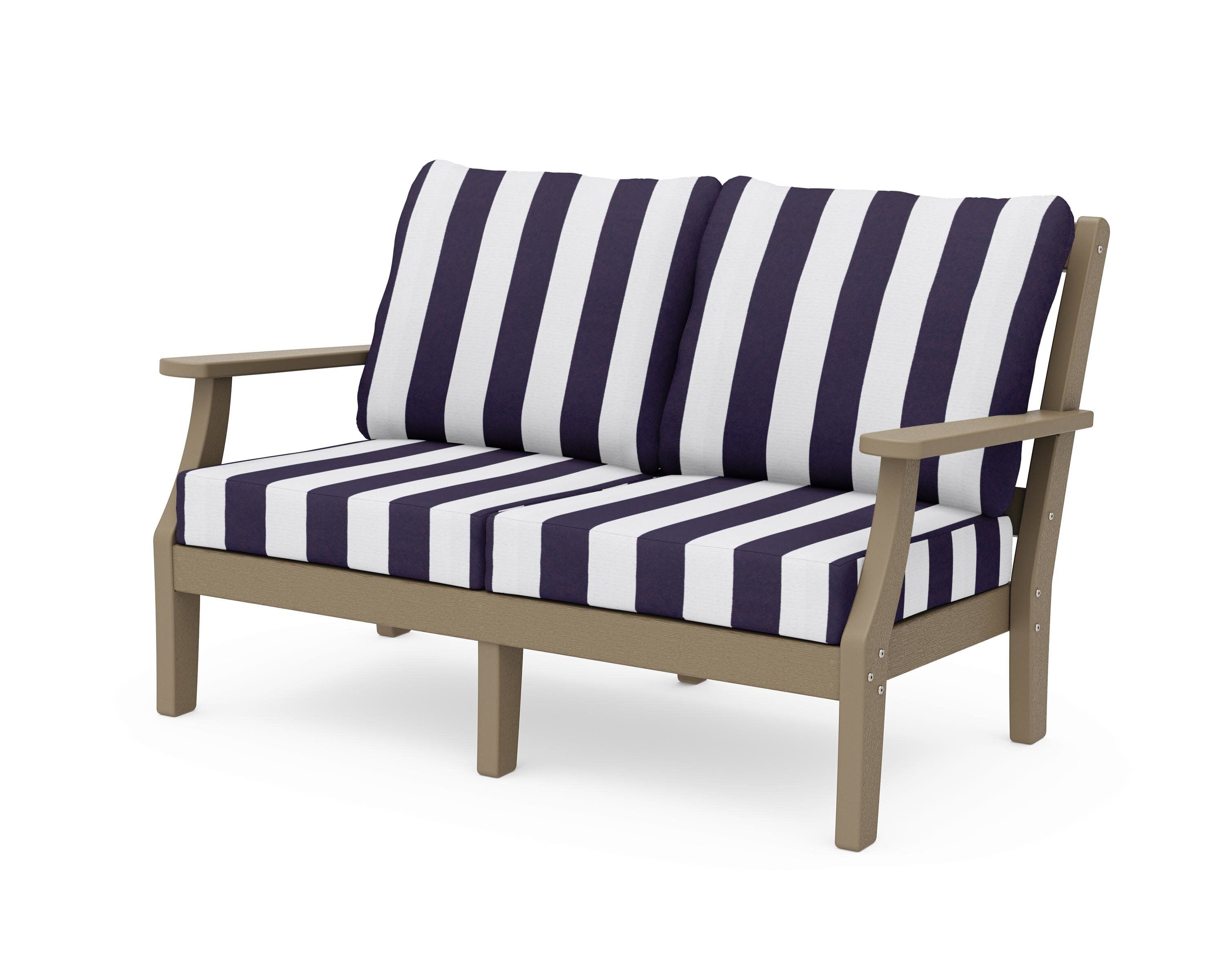 Chinoiserie Deep Seating Loveseat in Vintage Sahara / Cabana Stripe Navy