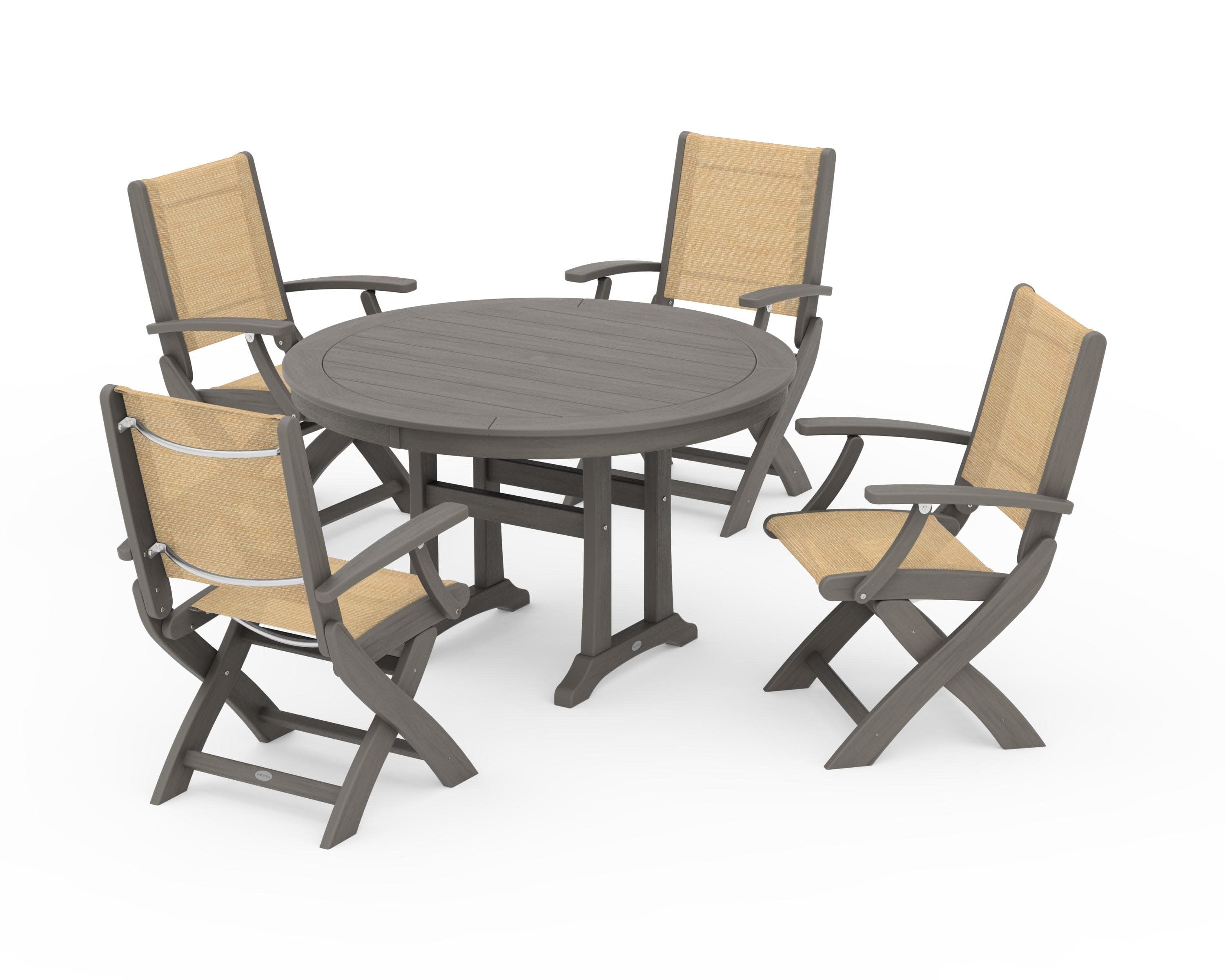 Coastal Folding Chair 5-Piece Round Dining Set with Trestle Legs in Driftwood / Dupioni Apricot Sling