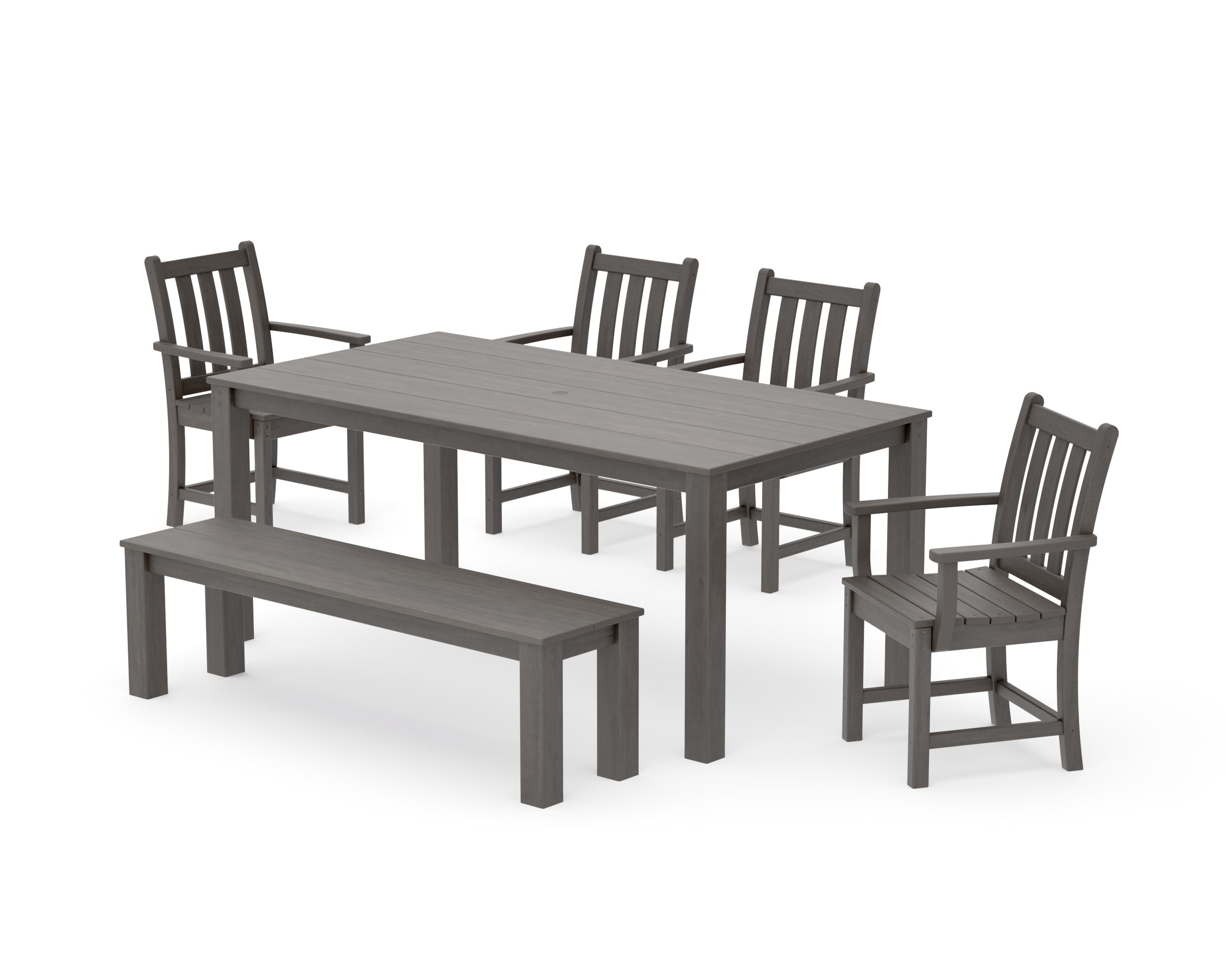 Traditional Garden 6-Piece Parsons Dining Set with Bench in Driftwood