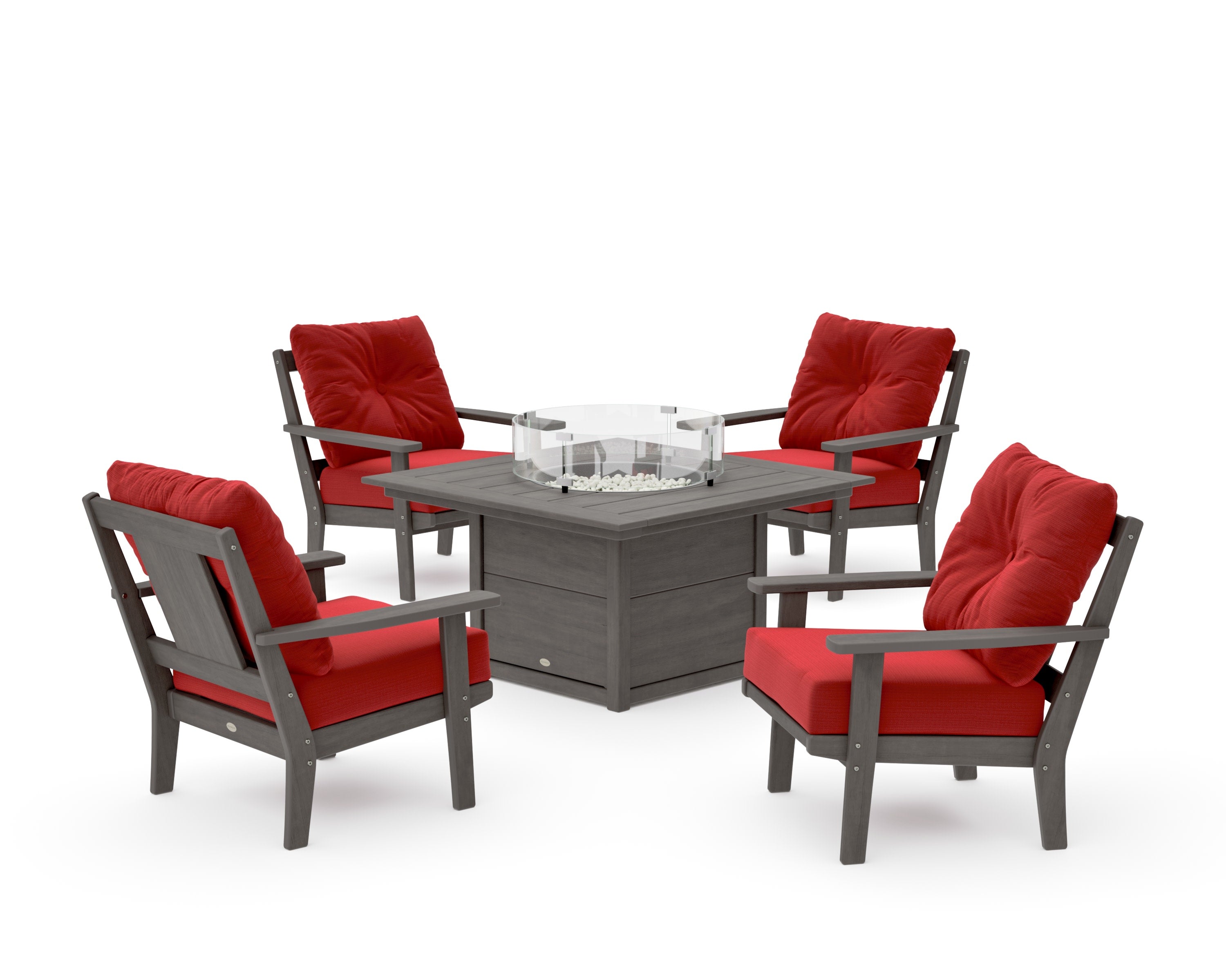 Prairie 5-Piece Deep Seating Set with Fire Pit Table in Driftwood / Crimson Linen